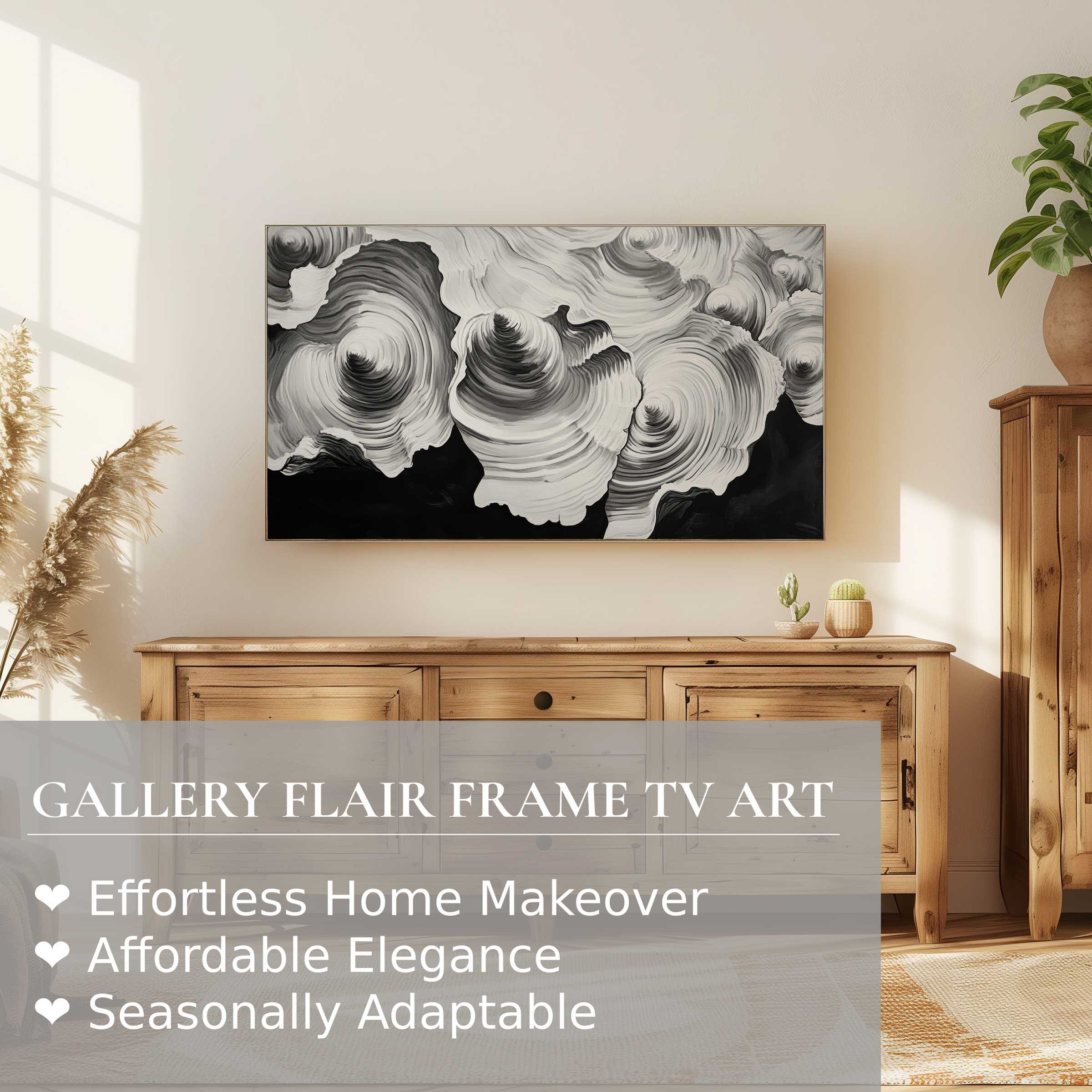 Samsung Frame TV displaying black and white digital artwork in a modern, serene living room with natural wood tones