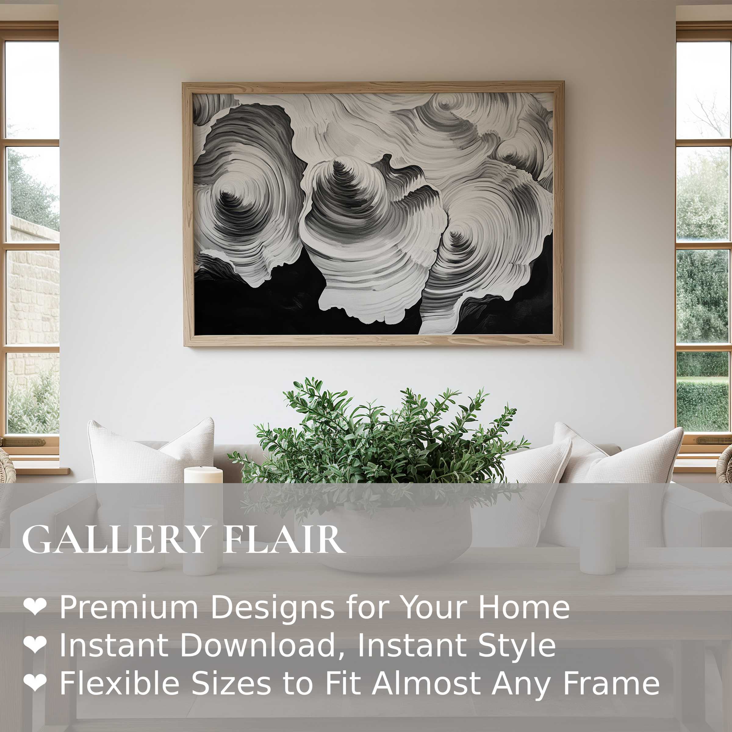 Black and white wall art print with bold, swirling textures elevates this serene modern living room with striking monochrome elegance