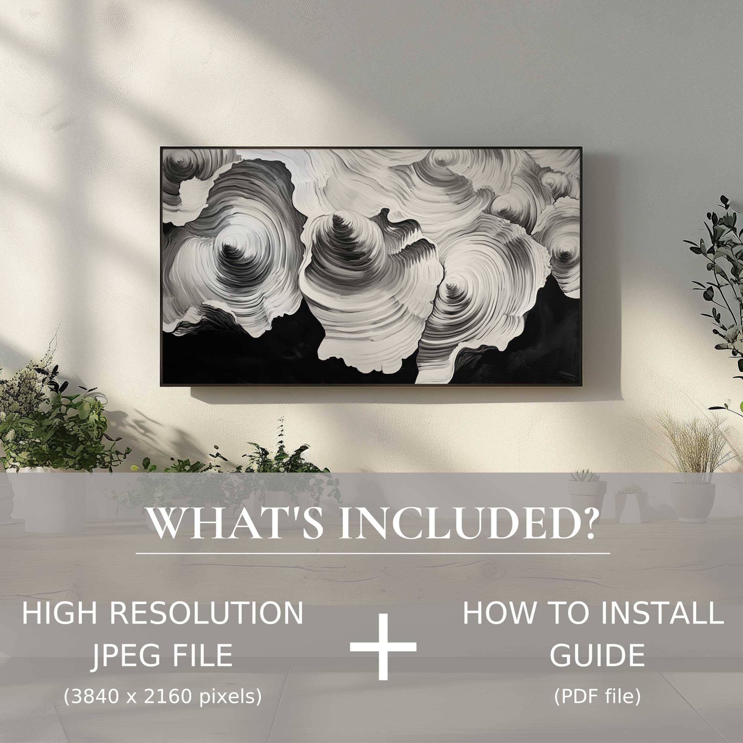 Elegant black and white digital TV art download enhances chic living spaces with easy digital use and modern style appeal