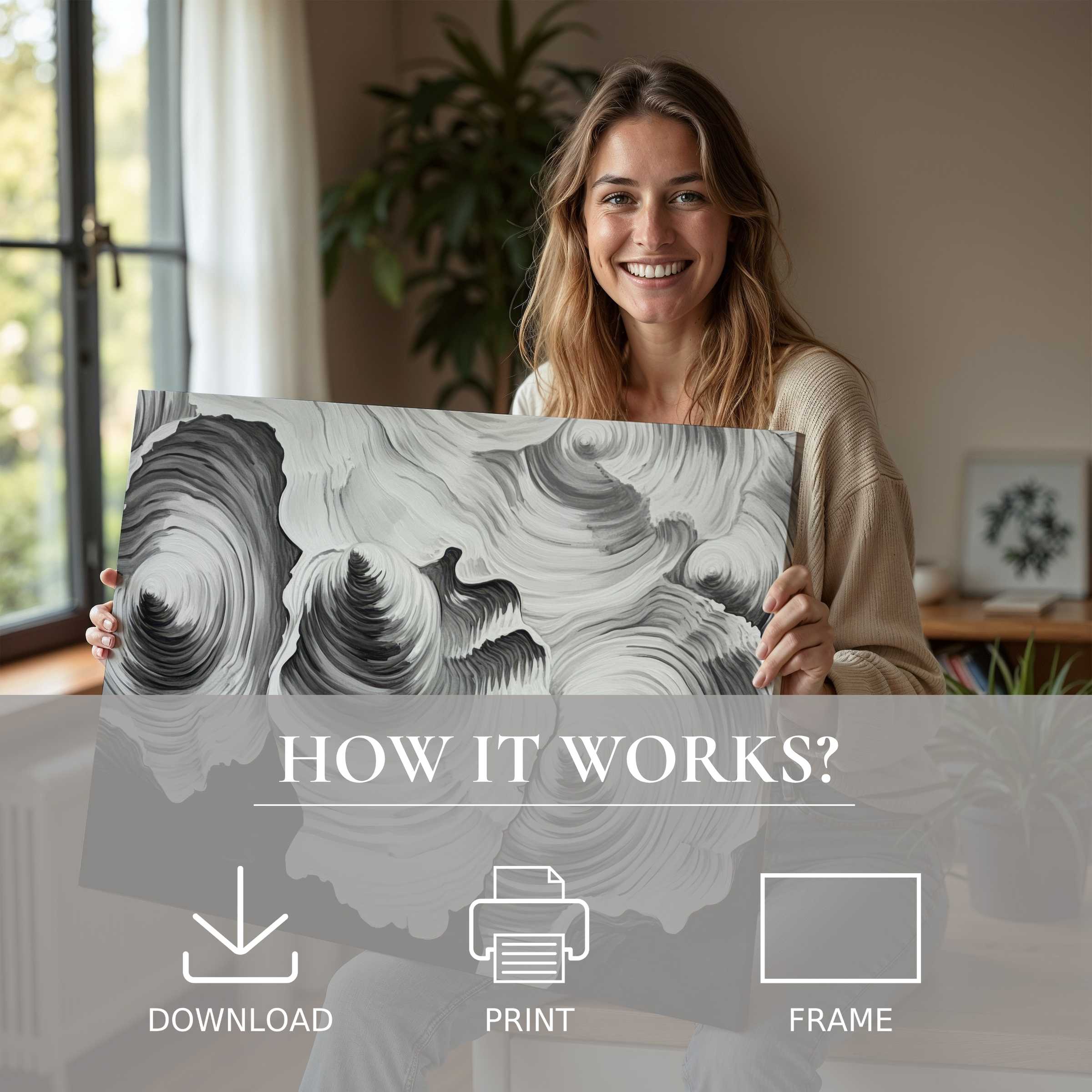 A radiant moment of connection and joy as a woman embraces a black and white digital art print, elevating modern living with effortless elegance and serene abstract beauty