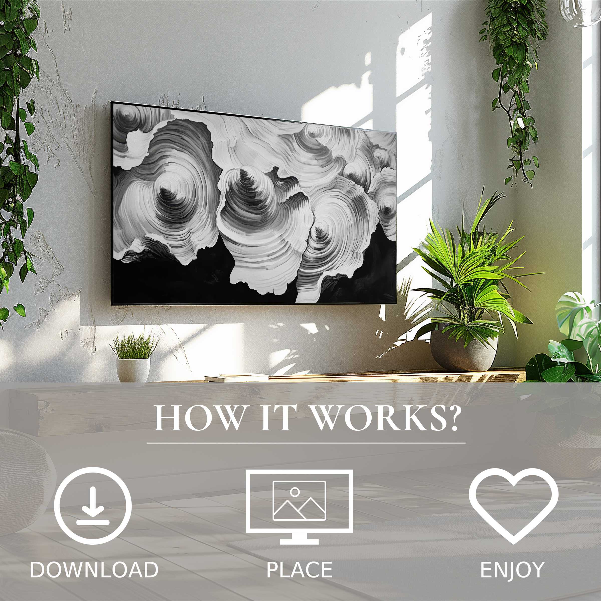 Black and white art for Samsung TV shows abstract swirl patterns, easy digital download enriches bright living spaces
