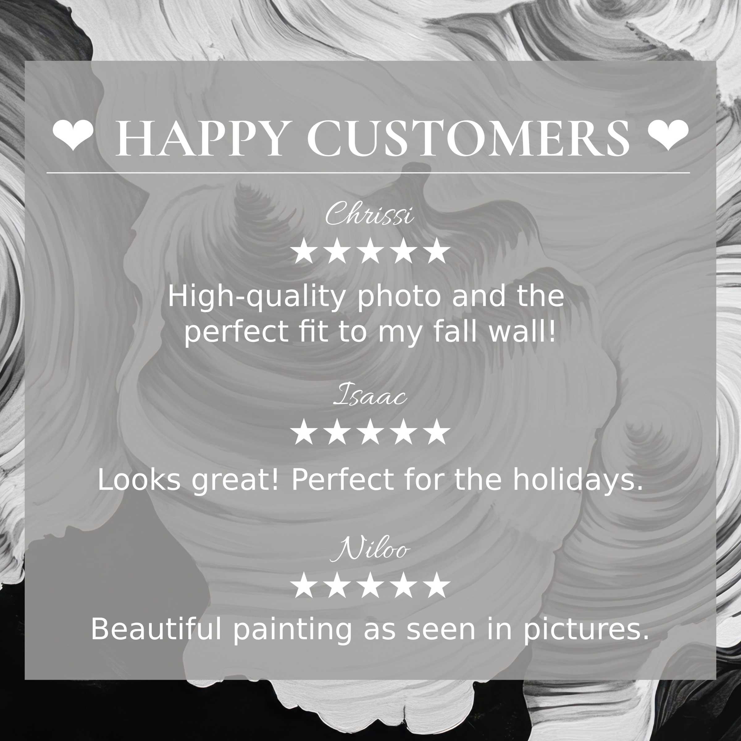 Black and white art for Frame TV with abstract swirls, showcasing a happy customer and trusted elegant reviews