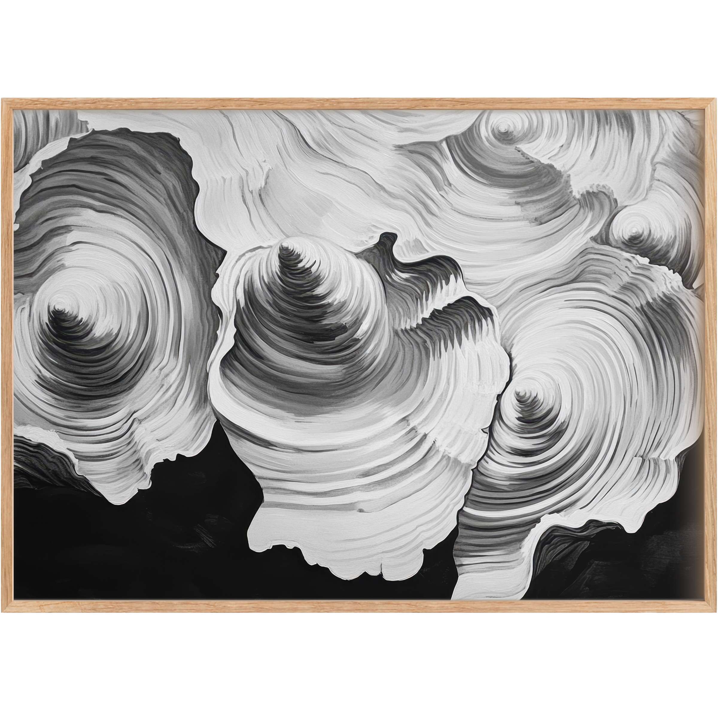 Timeless black and white printable wall art capturing swirling, textured seashells, evoking serene elegance and refined coastal calm