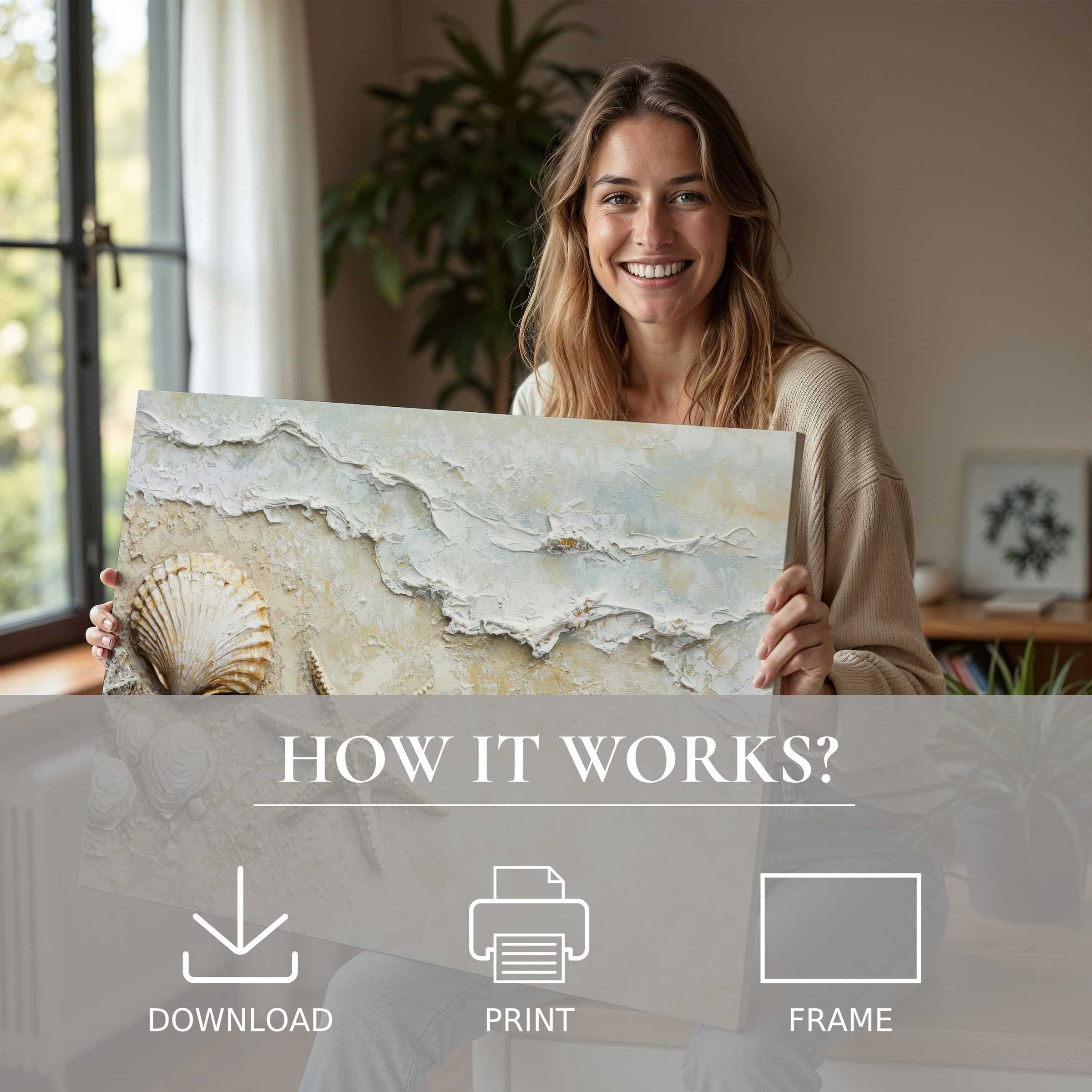 Coastal digital art print enriching a sunlit modern home, capturing serene joy and effortless elegance in living with art