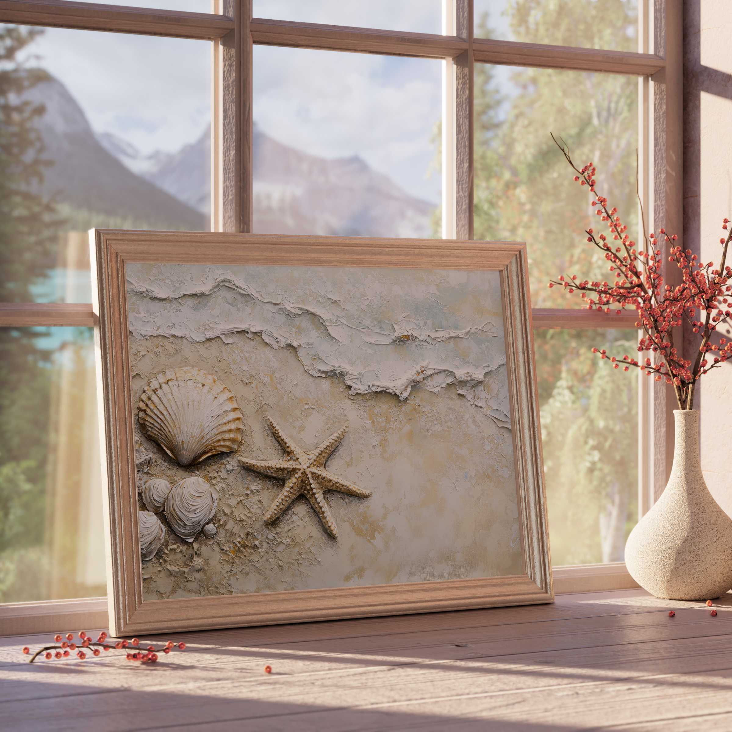 Coastal downloadable art radiating serene coastal charm with textured seashells and starfish, enhancing tranquil, design-forward interiors
