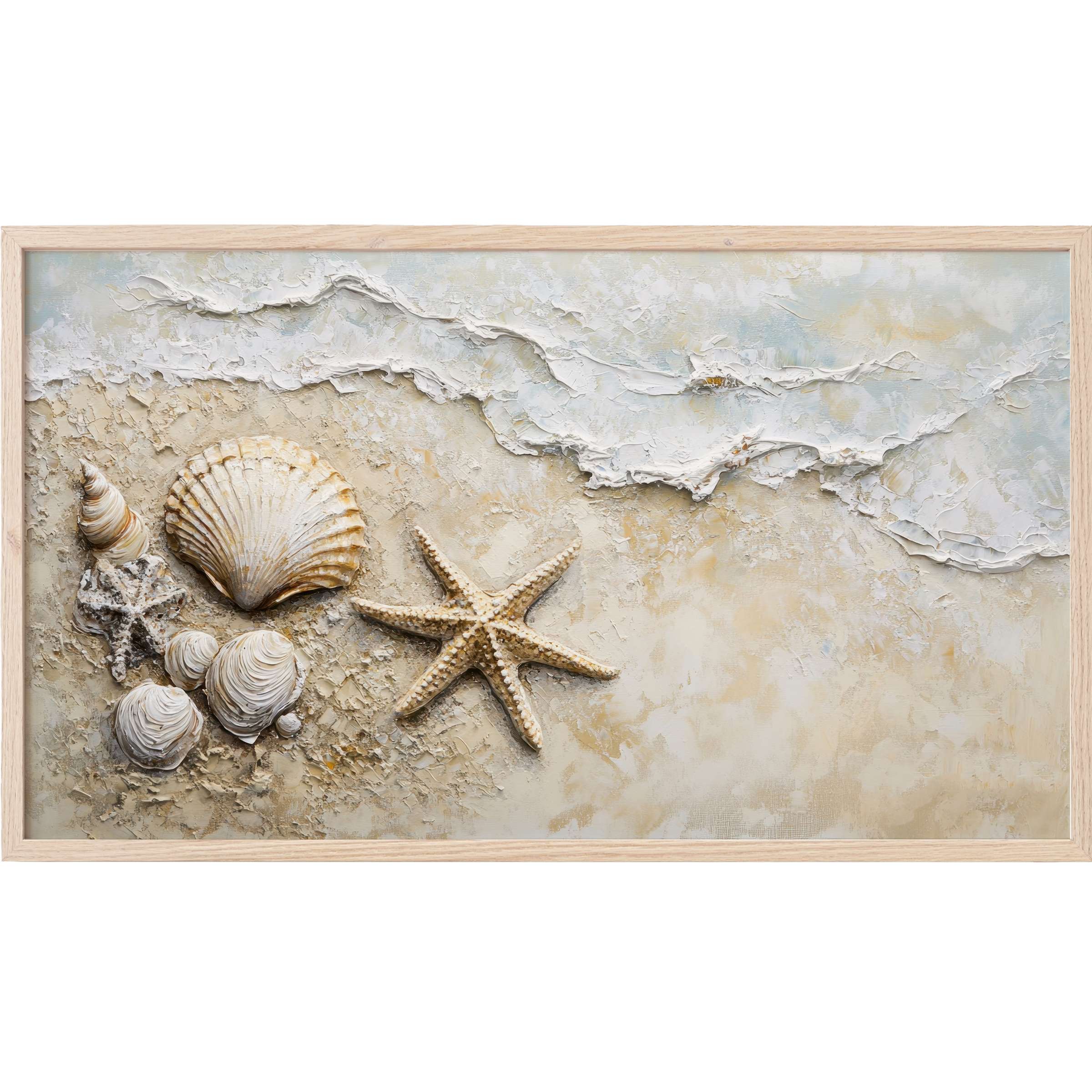 Textured coastal Frame TV Art depicting sandy shore with seashells and starfish in soft beige and white hues