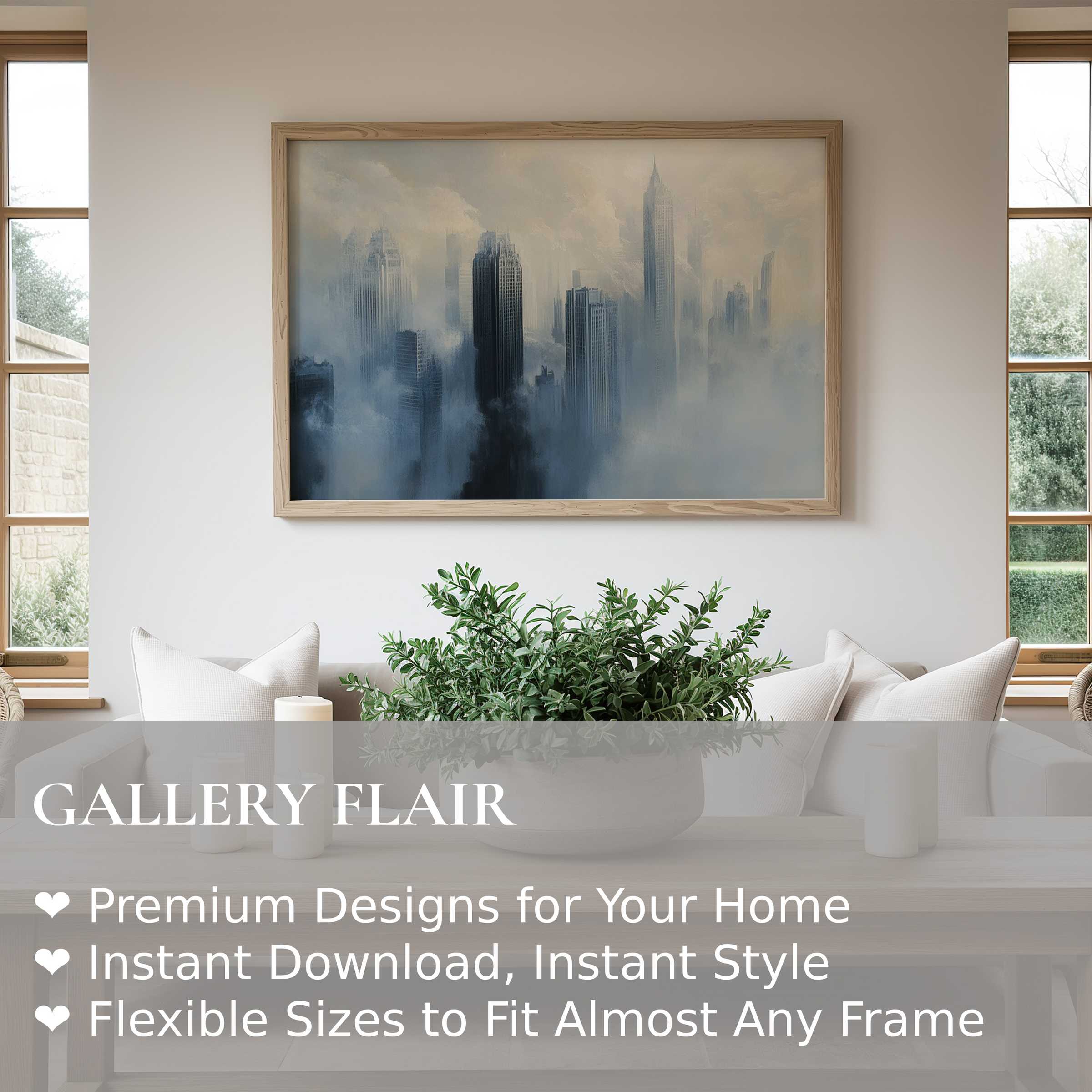 Urban art wall art print capturing a misty cityscape in cool tones, infusing modern minimalism with a serene, atmospheric elegance