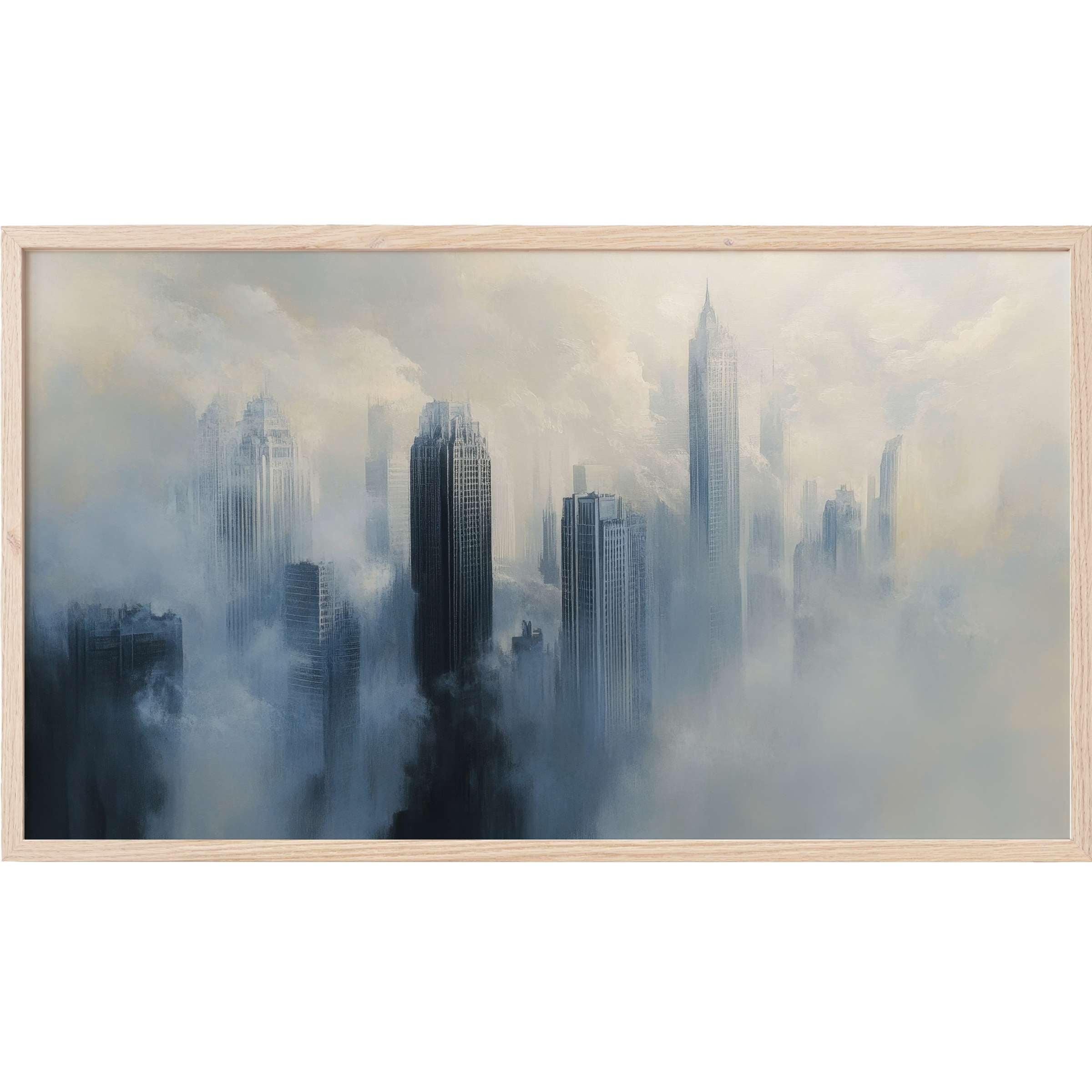 Urban Frame TV Art showing a misty cityscape with soft grays and blues in a dreamy, modern aesthetic
