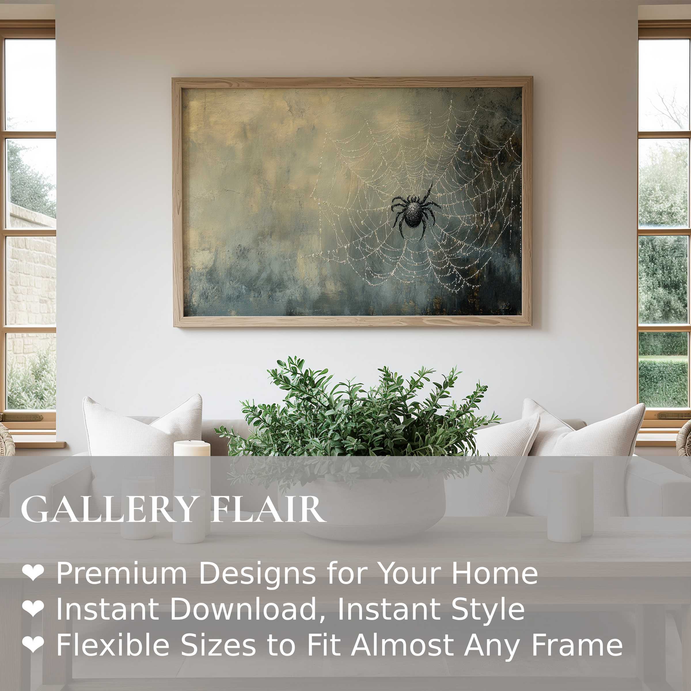 Elegant halloween wall art print featuring a delicate spiderweb and spider in muted tones, adding bold, atmospheric charm to a modern minimalist living space