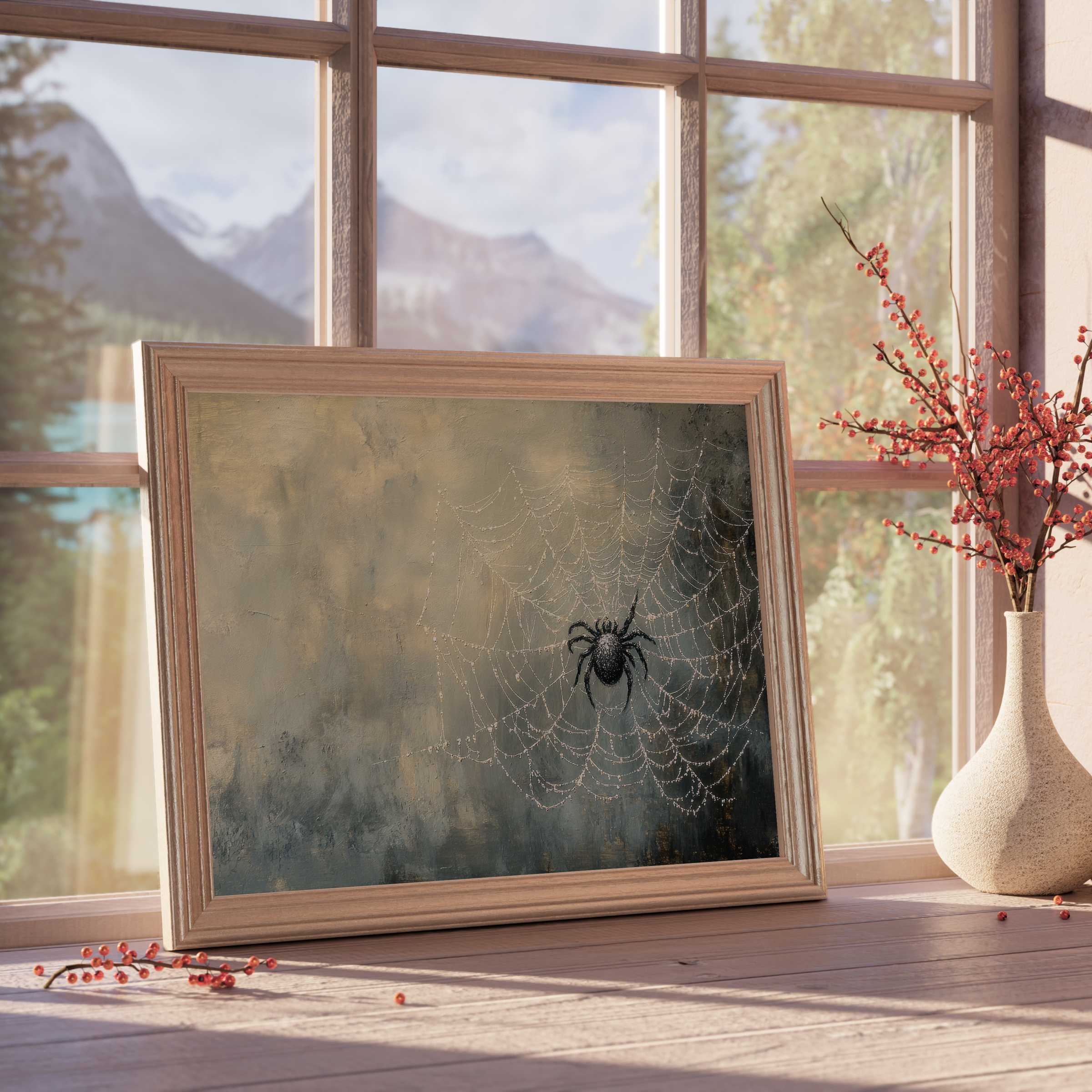 Halloween downloadable art featuring a delicate spiderweb framed in soft wood, evoking calm elegance and seasonal charm for curated interiors