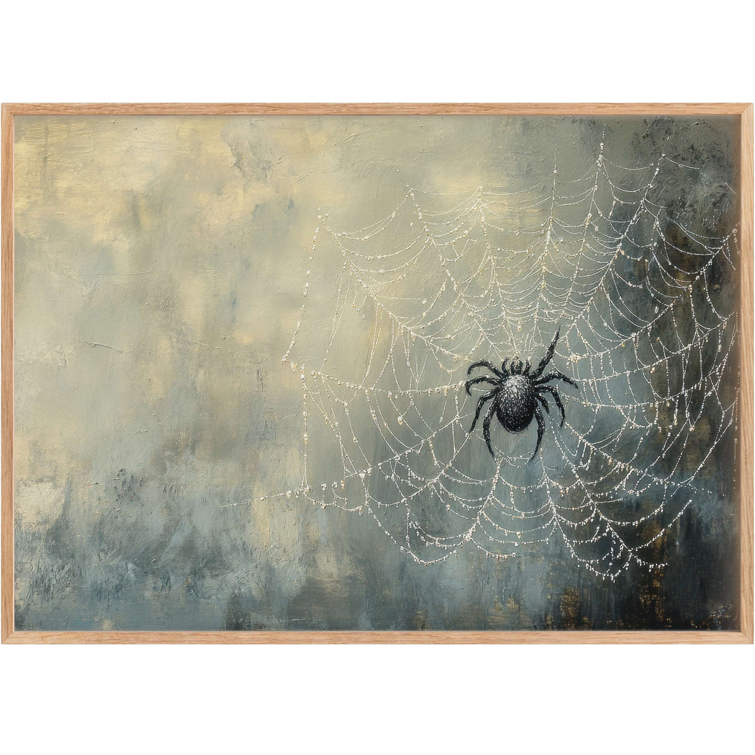 Evoke moody elegance with this halloween printable wall art, featuring a delicate silver spider web and black spider against smoky gray and gold hues