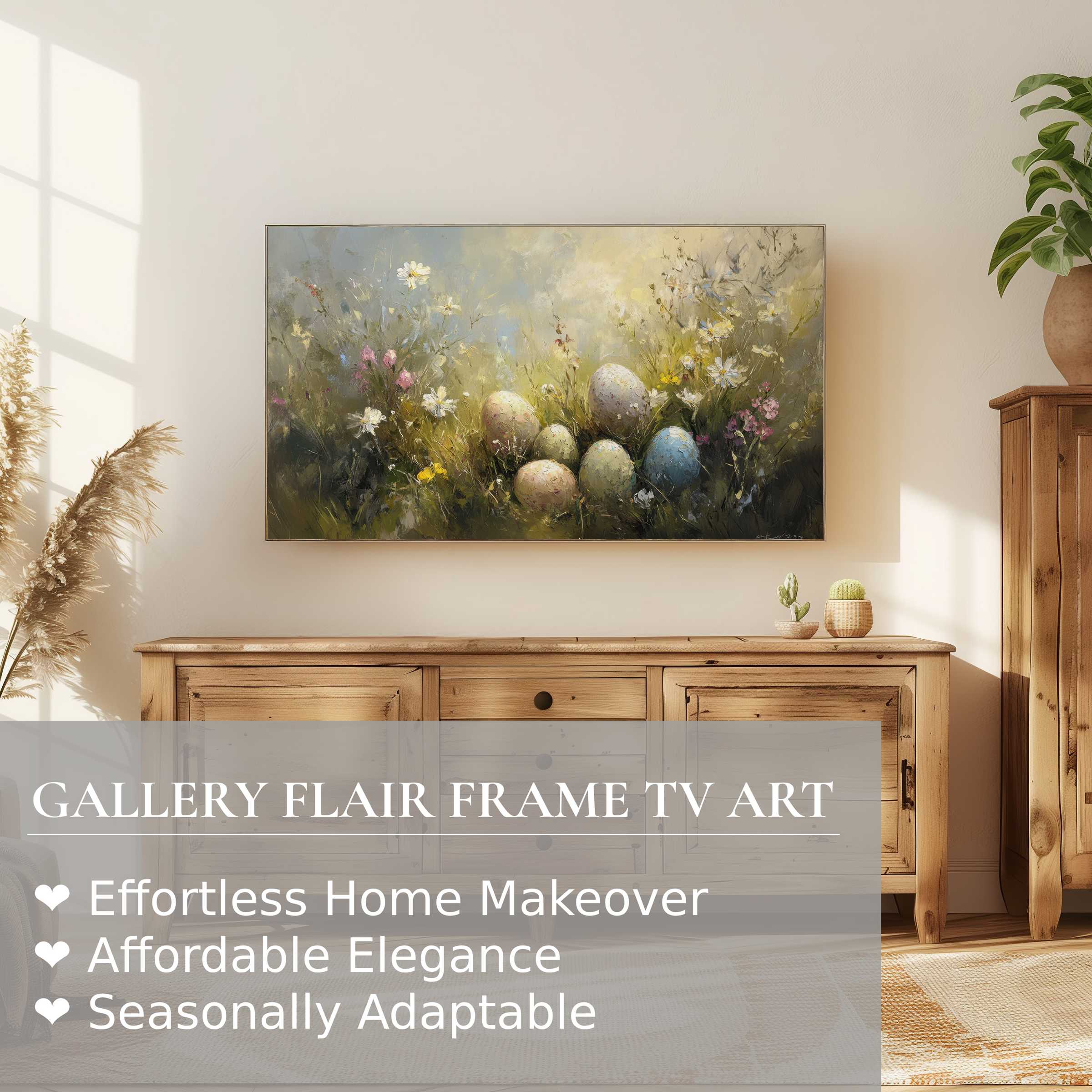 Samsung Frame TV displays refined easter digital artwork of eggs and flowers in a soft, elegant modern setting