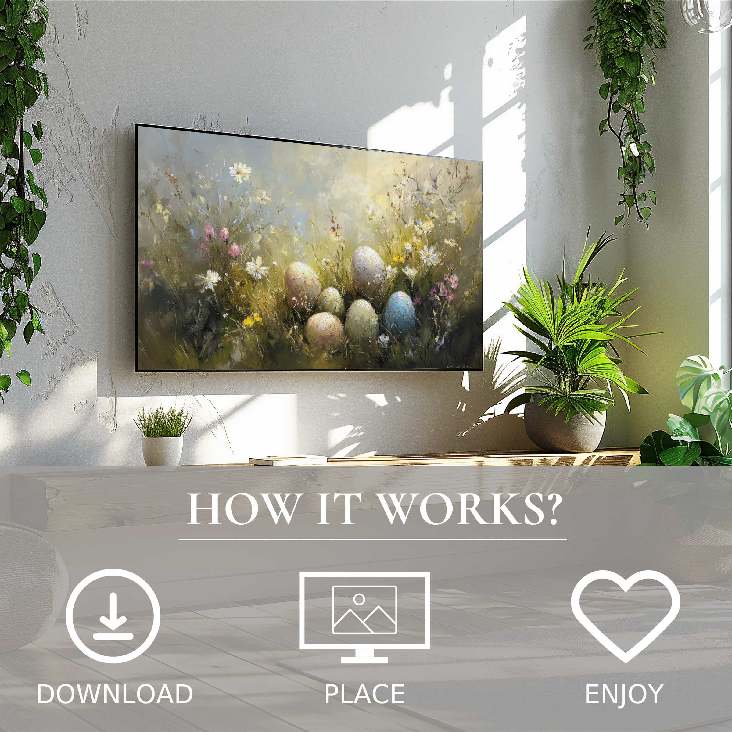 Easter art for Samsung TV: digital download enriches living space with soft, natural Easter egg motif in warm, gentle tones