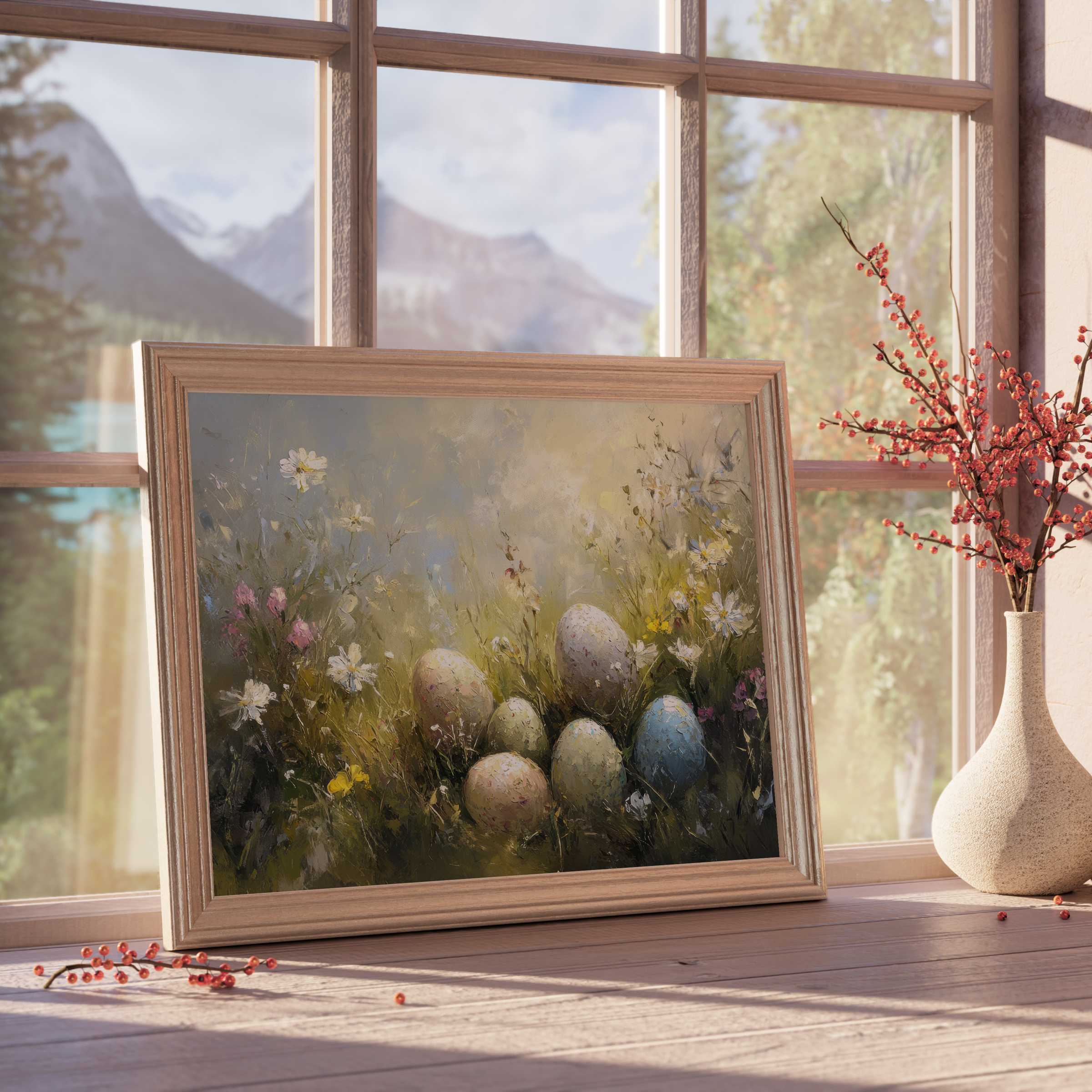 Easter downloadable art evoking serene spring mornings with pastel eggs nestled in wildflowers, enhancing curated tranquil interiors
