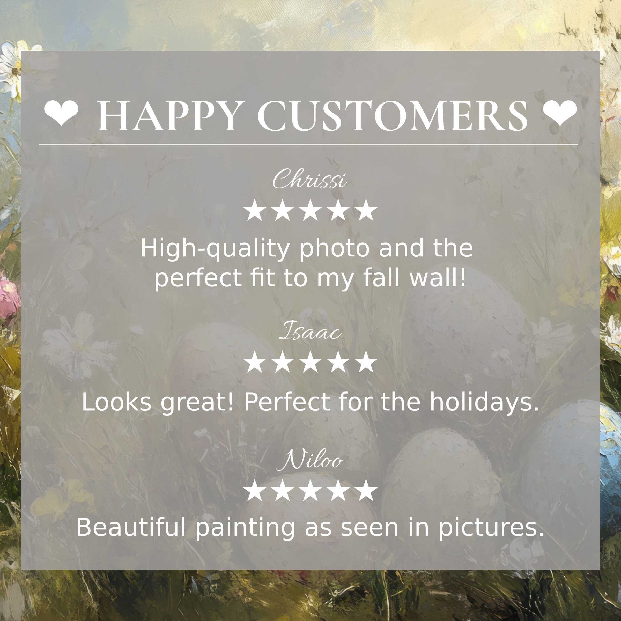 Happy customer reviews build trust with elegant easter art for Frame TV against soft floral background