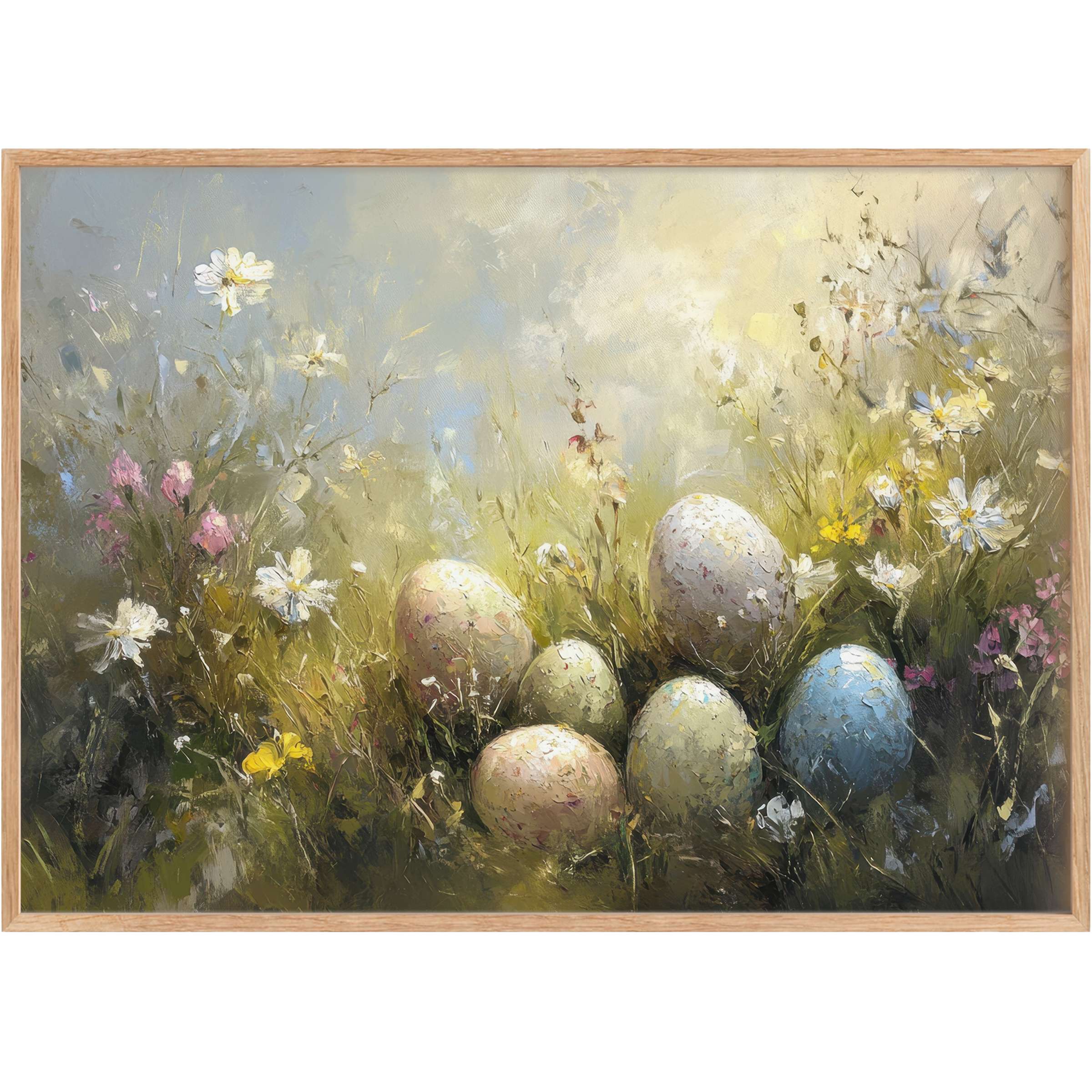 Serene Easter printable wall art featuring pastel eggs nestled in soft wildflowers, evoking a tranquil springtime glow