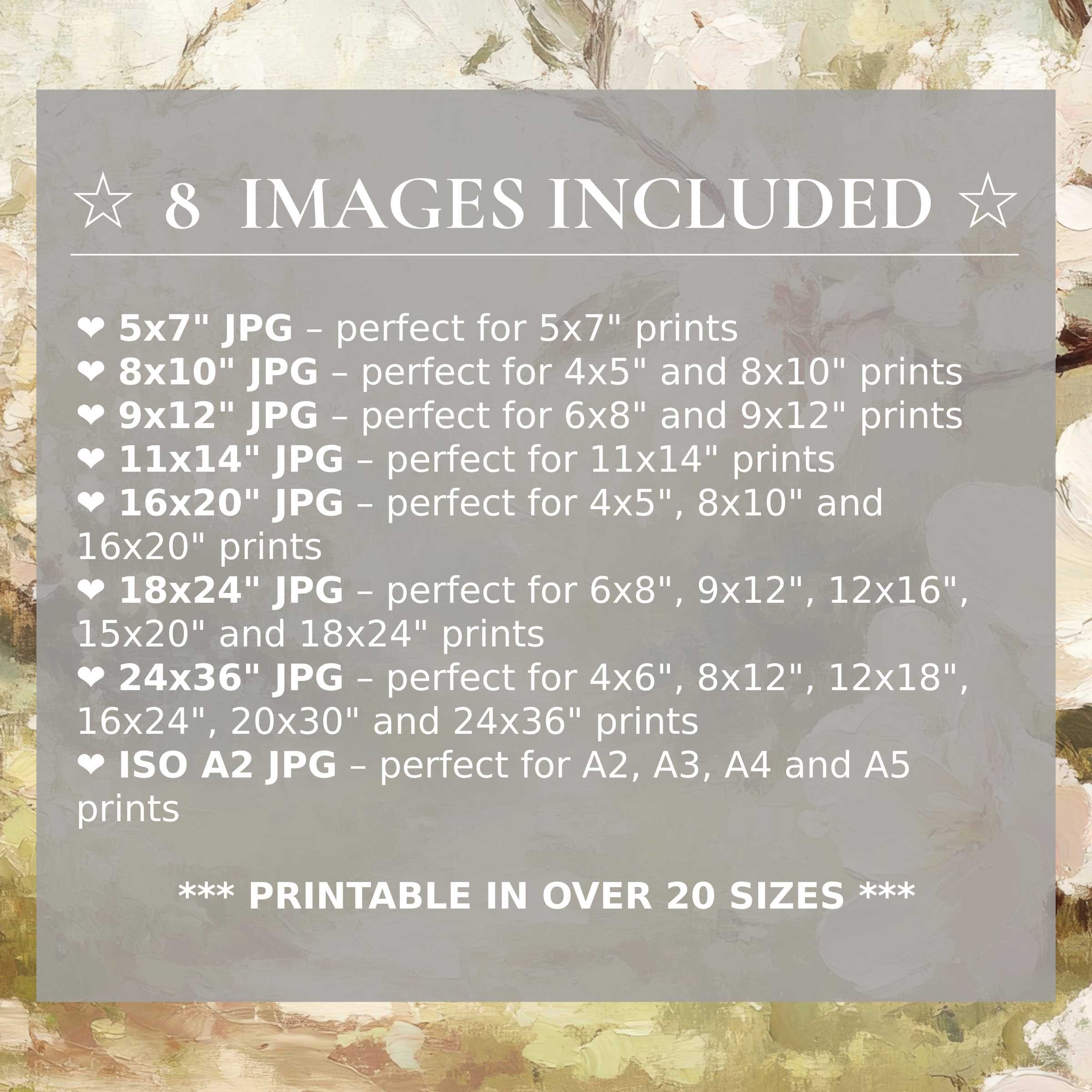 Print size guide showing 8 included JPG formats for versatile wall art printing – perfect for framing in popular sizes from 5x7 to 24x36 and A2