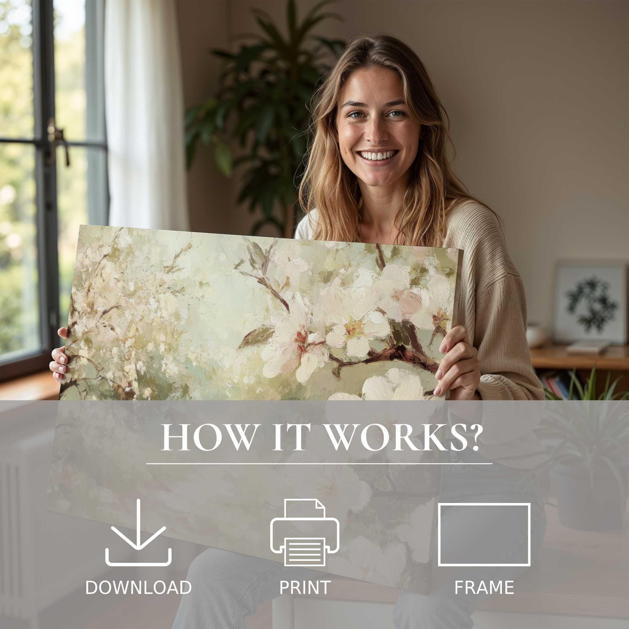 A joyful woman embraces a delicate tree digital art print, bringing serene beauty and effortless elegance into her modern home