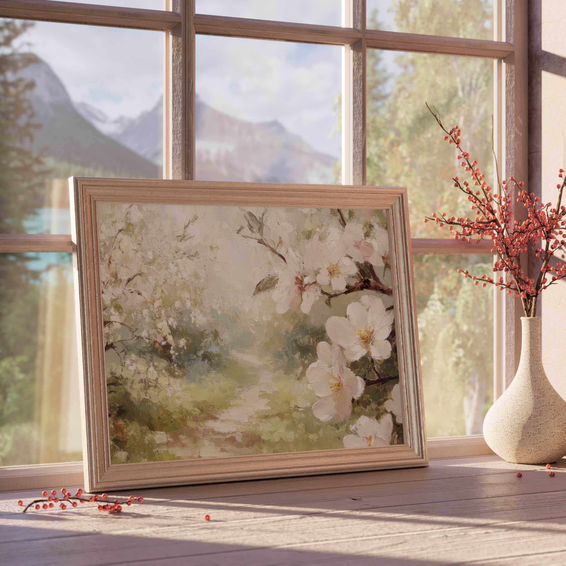 Serene tree downloadable art featuring delicate blossoms and soft light, elevating tranquil, curated modern interiors with timeless elegance
