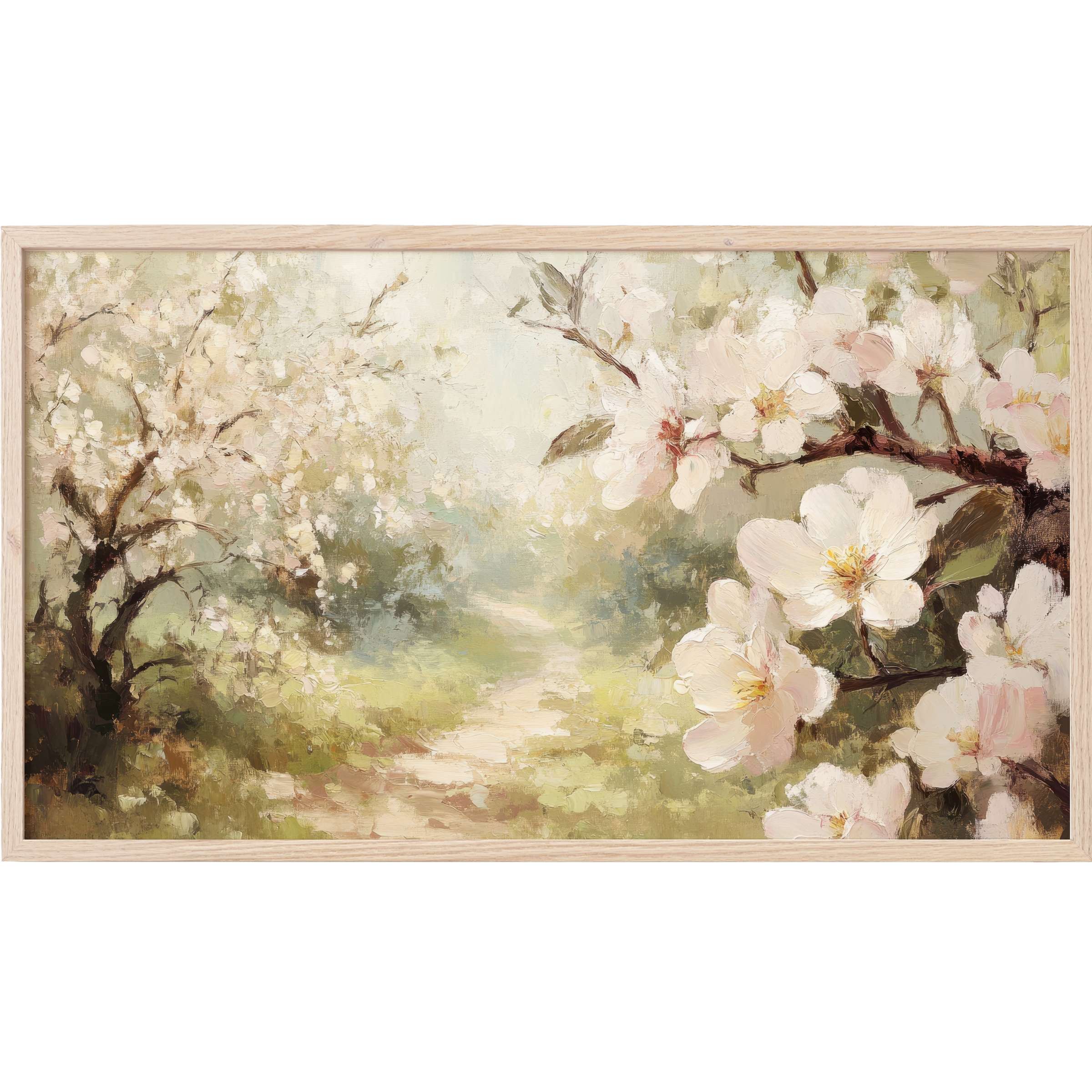 Soft pastel blossoms and textured brushstrokes create a serene spring scene in this elegant tree Frame TV Art