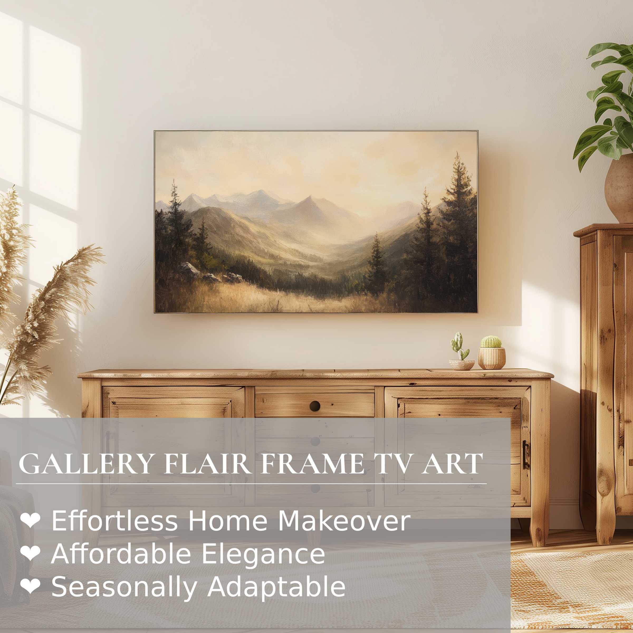 Samsung Frame TV showcasing serene summer digital artwork in a warm, elegant living room setting for refined decor