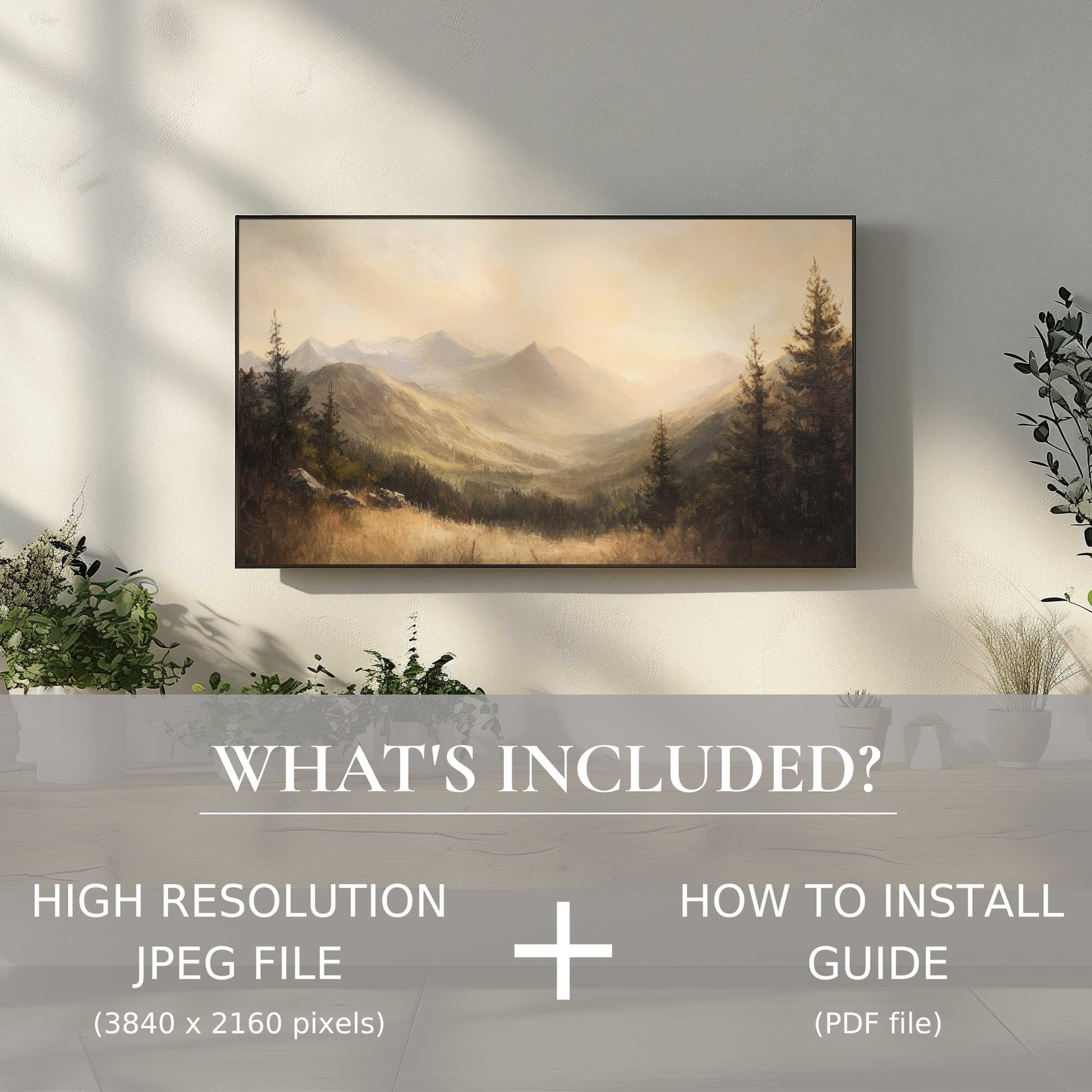 Elegant summer digital TV art download enhances your space with easy digital use, showcasing serene mountain landscape