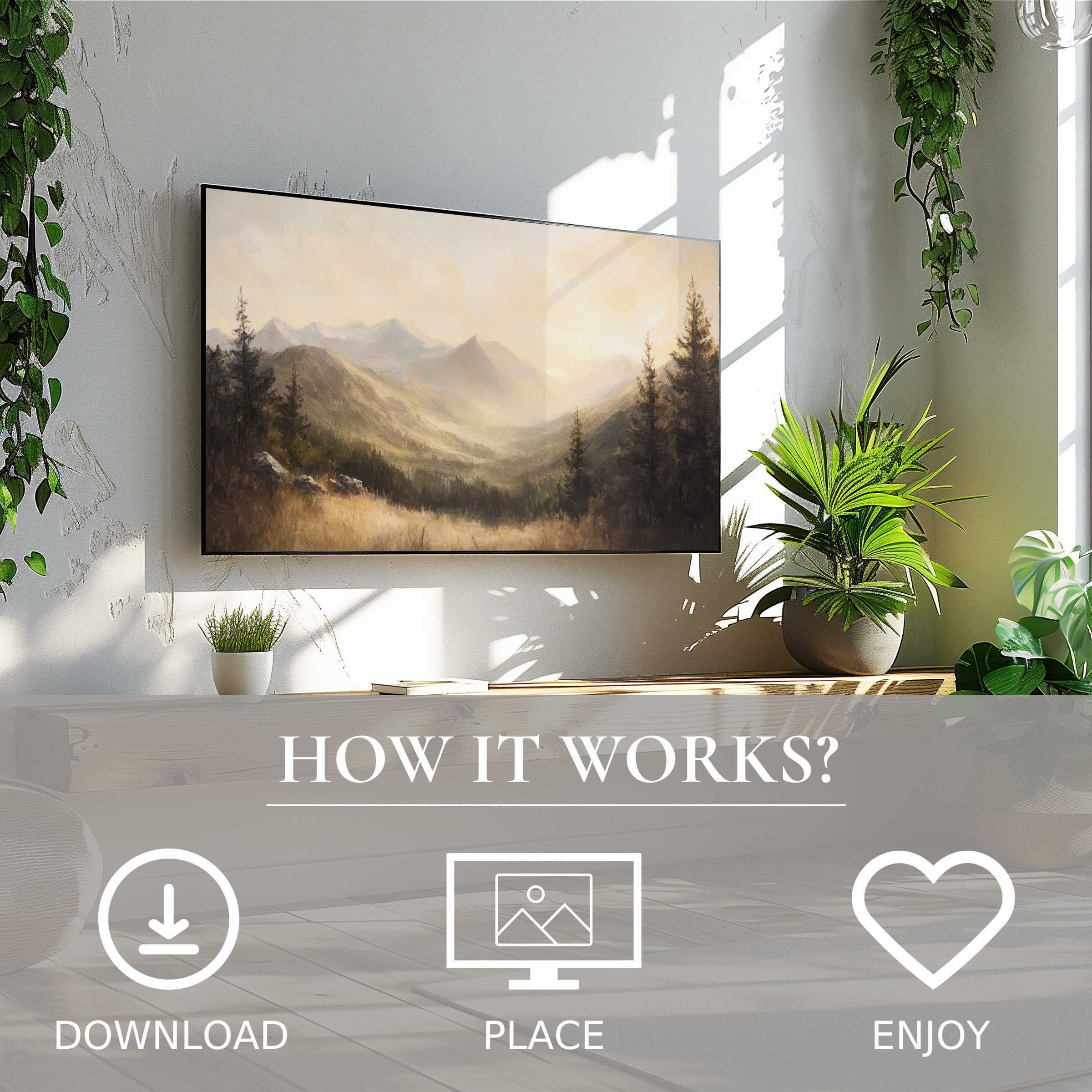 Summer art for Samsung TV with soft sunset tones, easy digital download, enriching modern living spaces with nature