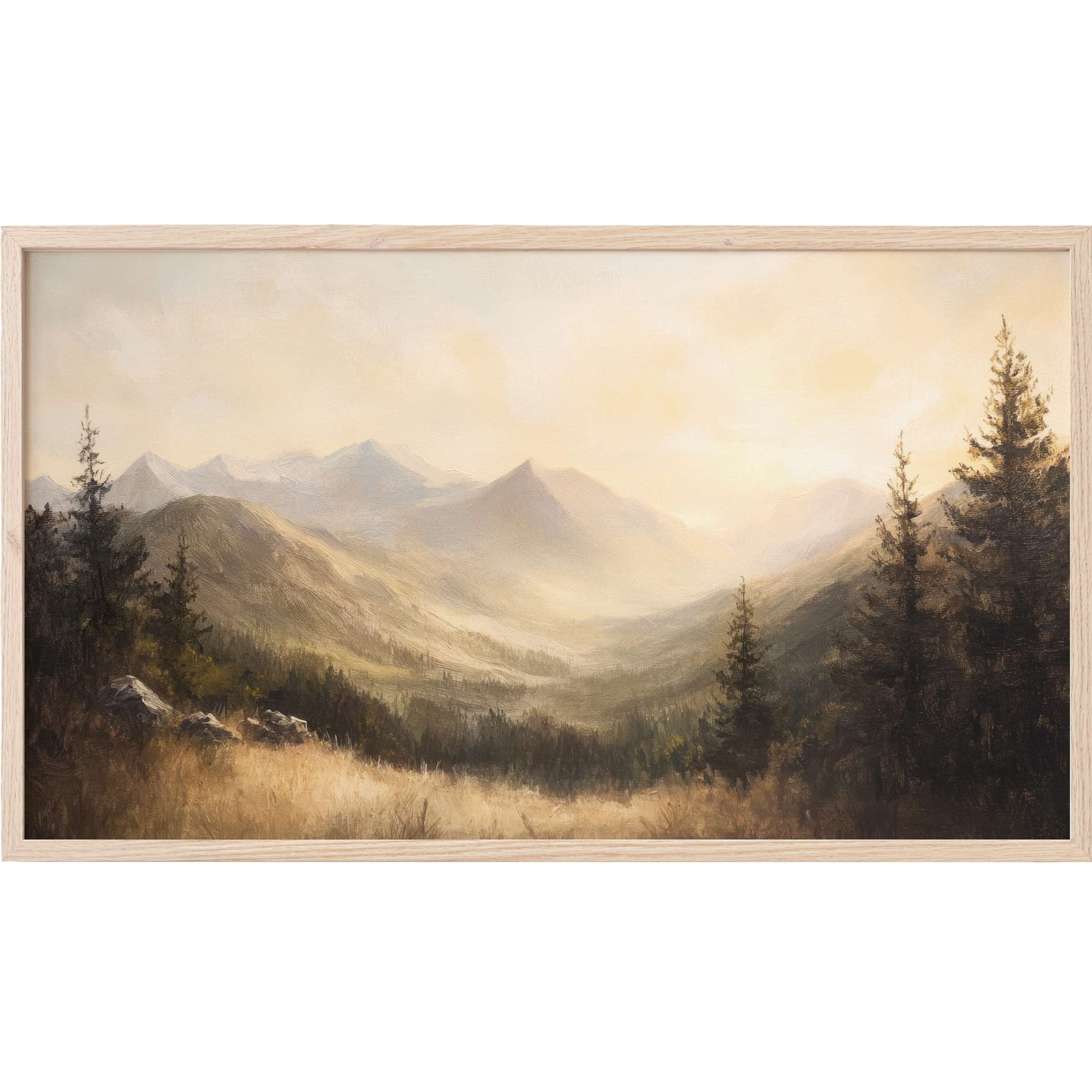 Serene mountain landscape in soft golds and deep browns, chic summer Frame TV Art for refined interiors
