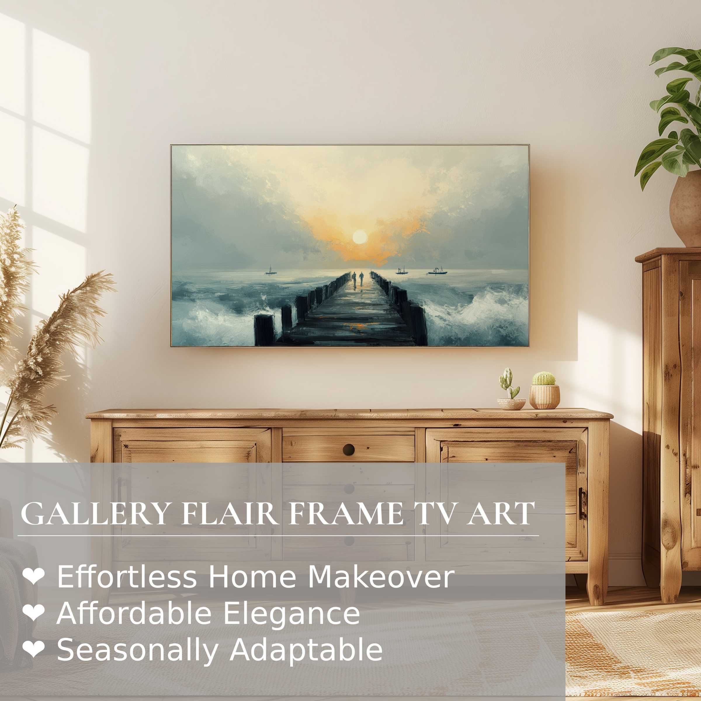 Samsung Frame TV displays serene beach digital artwork with muted tones and a refined modern aesthetic