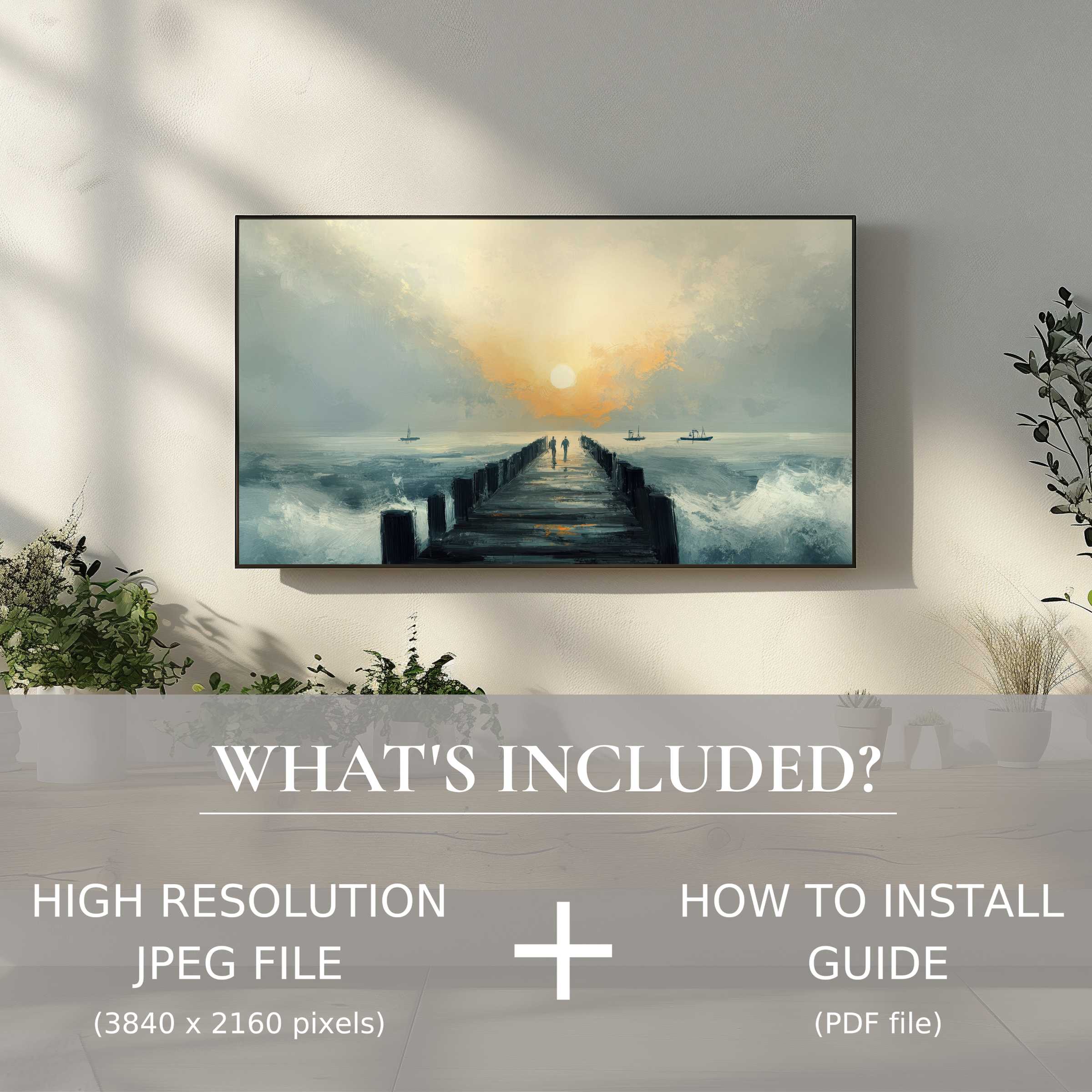 Elegant beach digital TV art download brightens living space with easy digital use and serene coastal pier scene