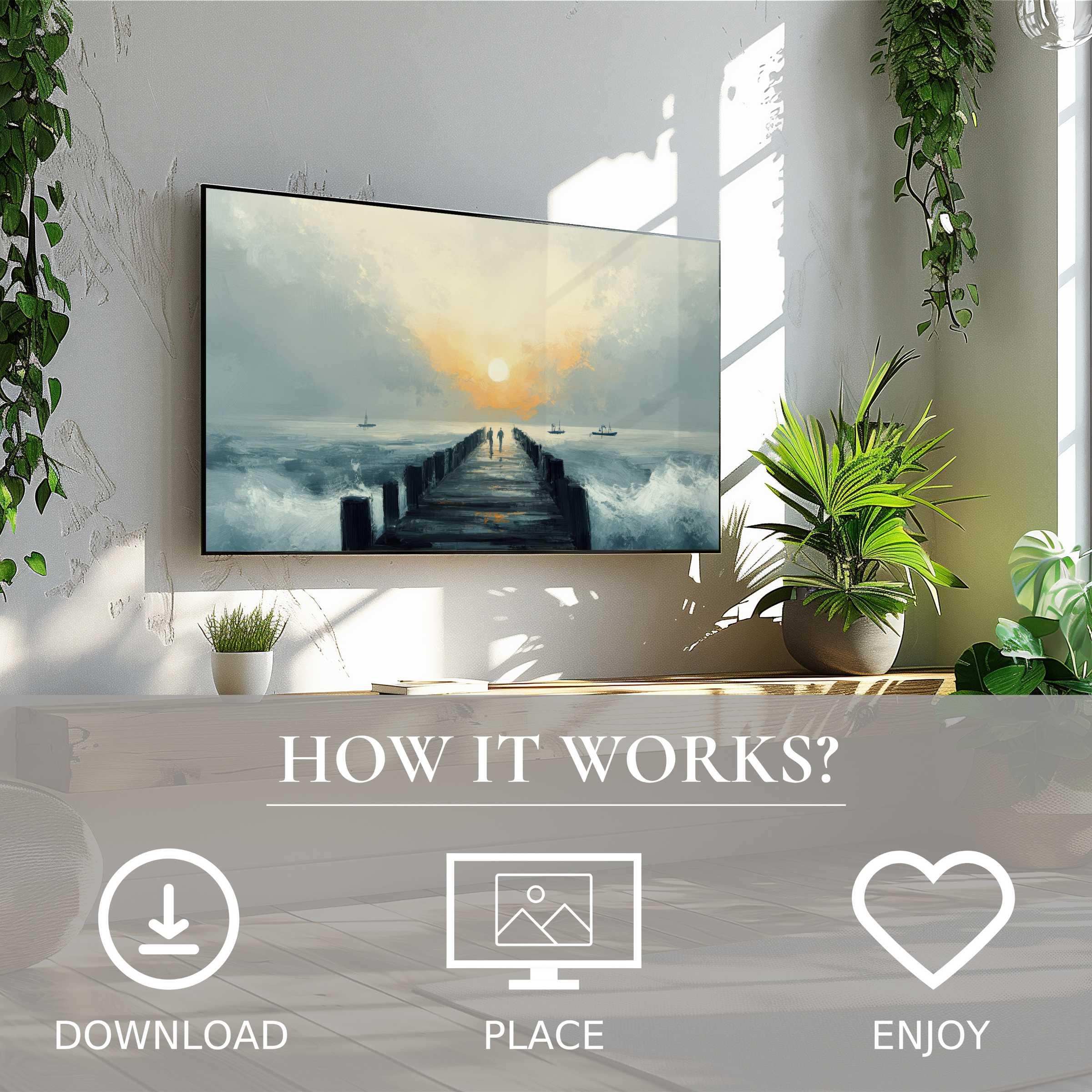 Modern living room with easy digital download, beach art for Samsung TV showing soft sunset tones over pier