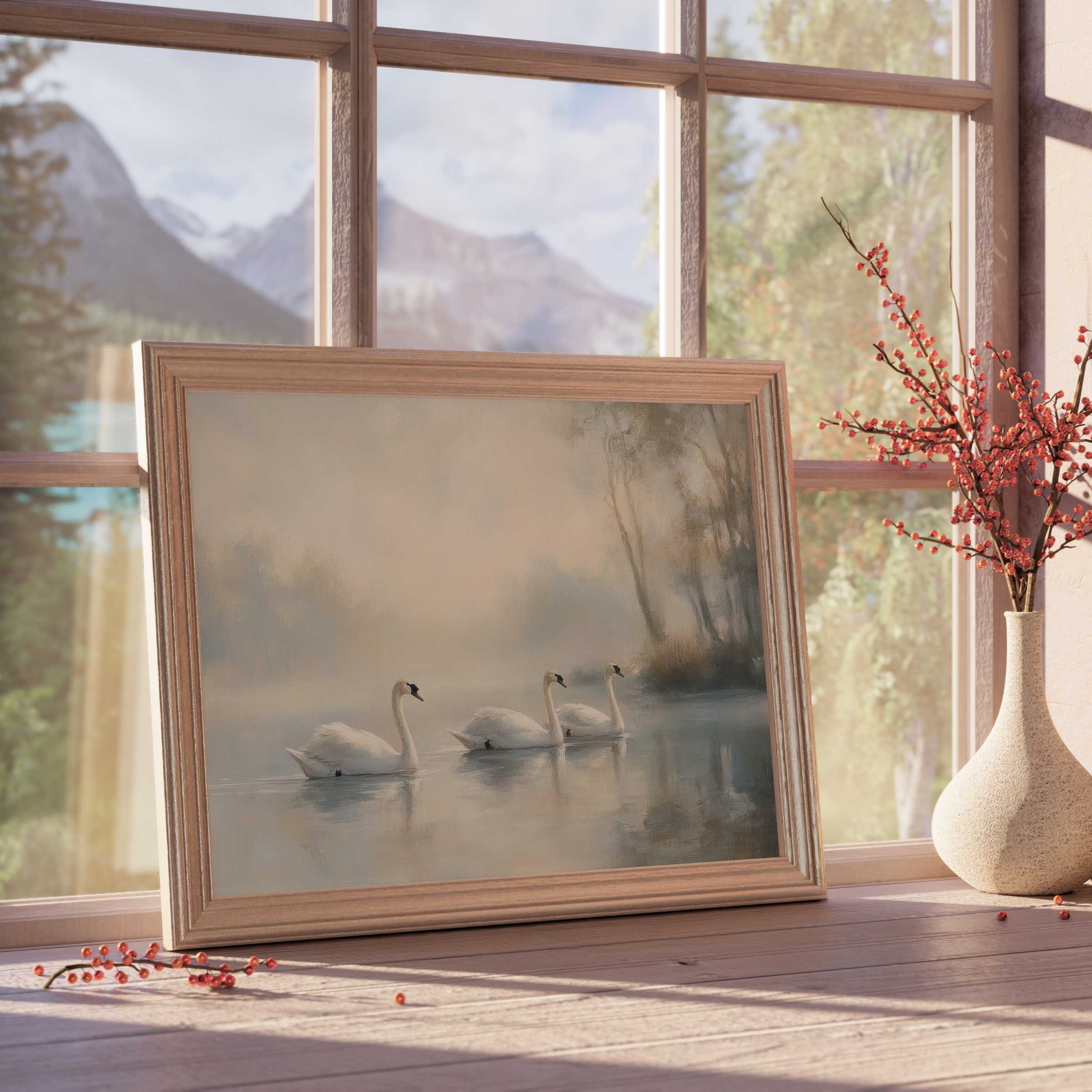 Vintage downloadable art of serene swans gliding through misty waters-elevate tranquil, curated interiors with timeless elegance