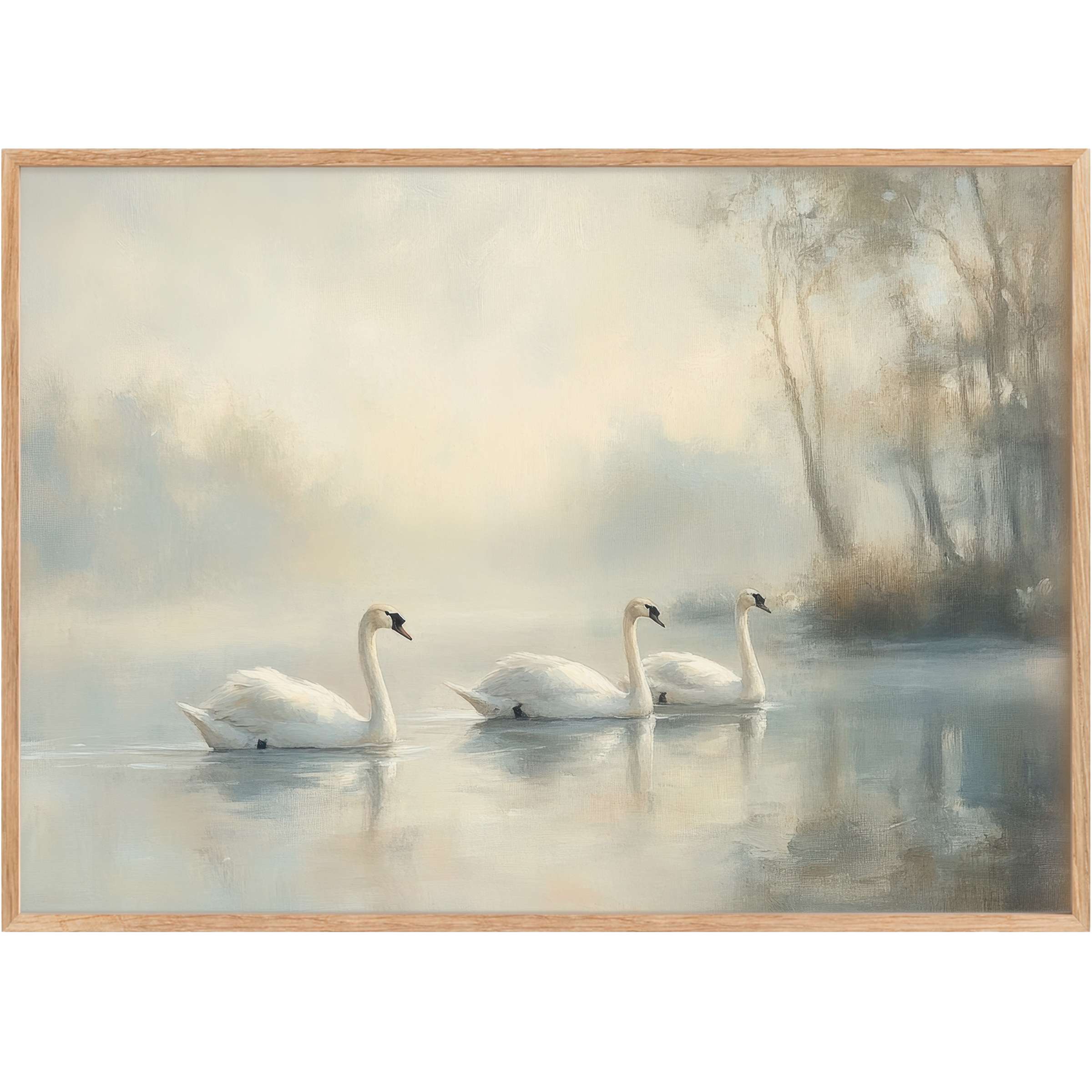 Ethereal vintage printable wall art capturing serene swans gliding through misty blues and soft neutrals, evoking calm elegance