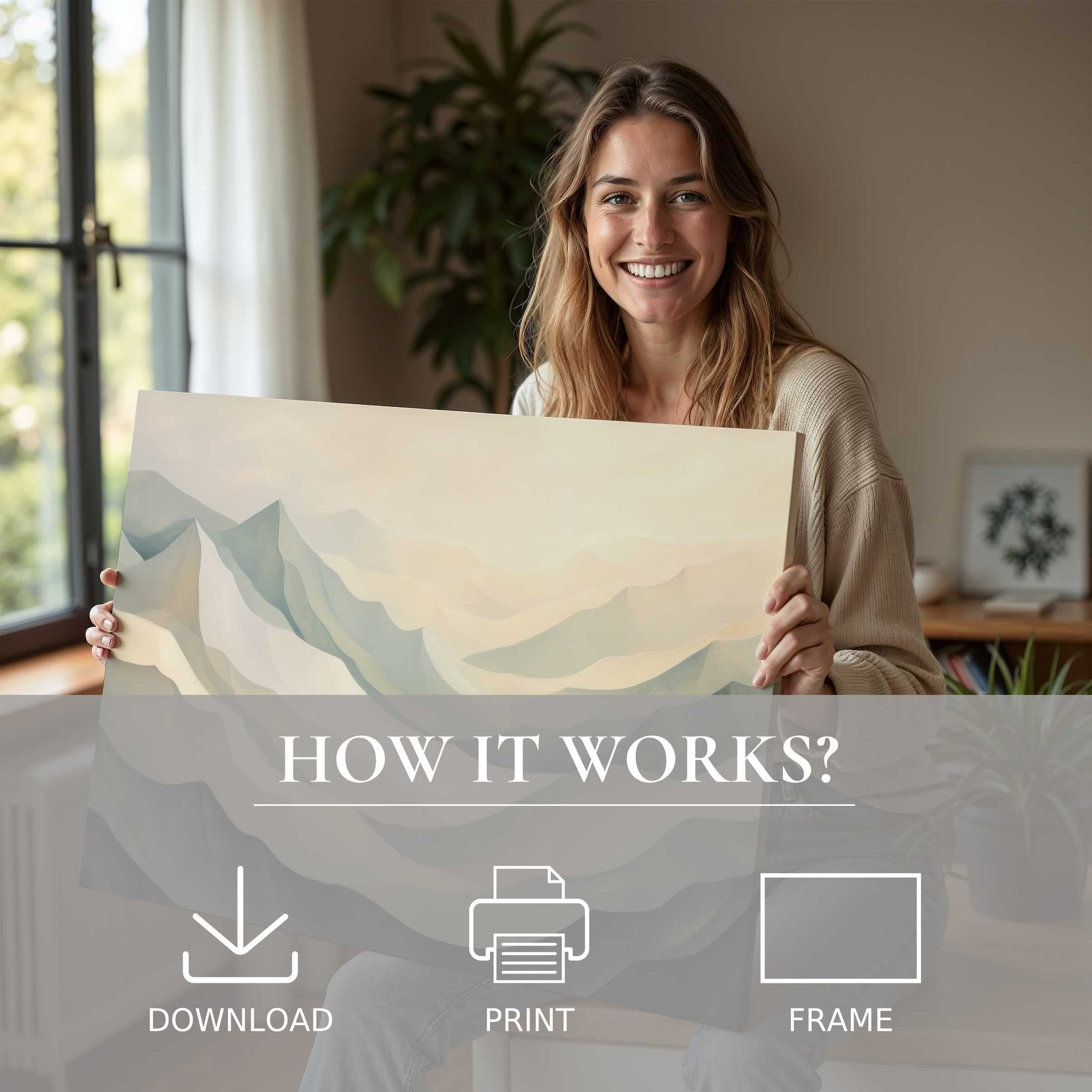 Contemporary woman radiates joy embracing serene abstract digital art print in a chic home, inspiring effortless living with art