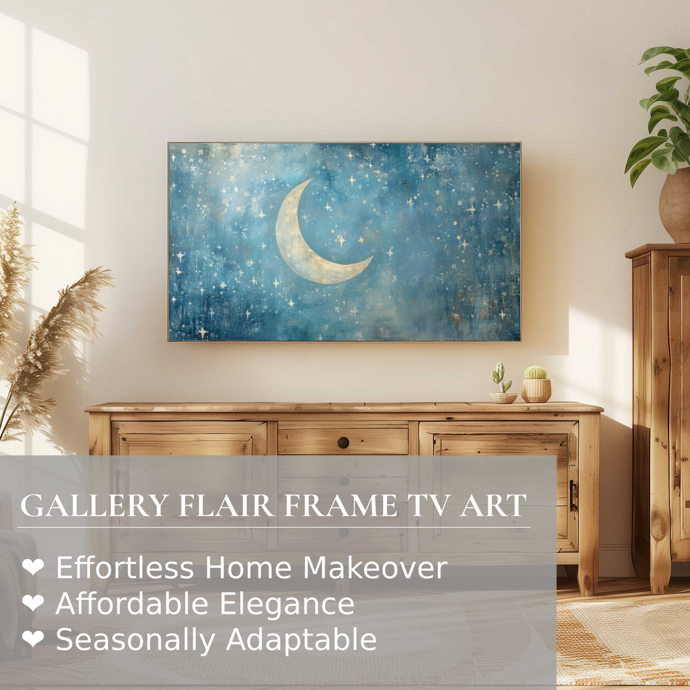 Samsung Frame TV displays a dreamy moonlit nursery digital artwork in a modern, elegant natural wood setting