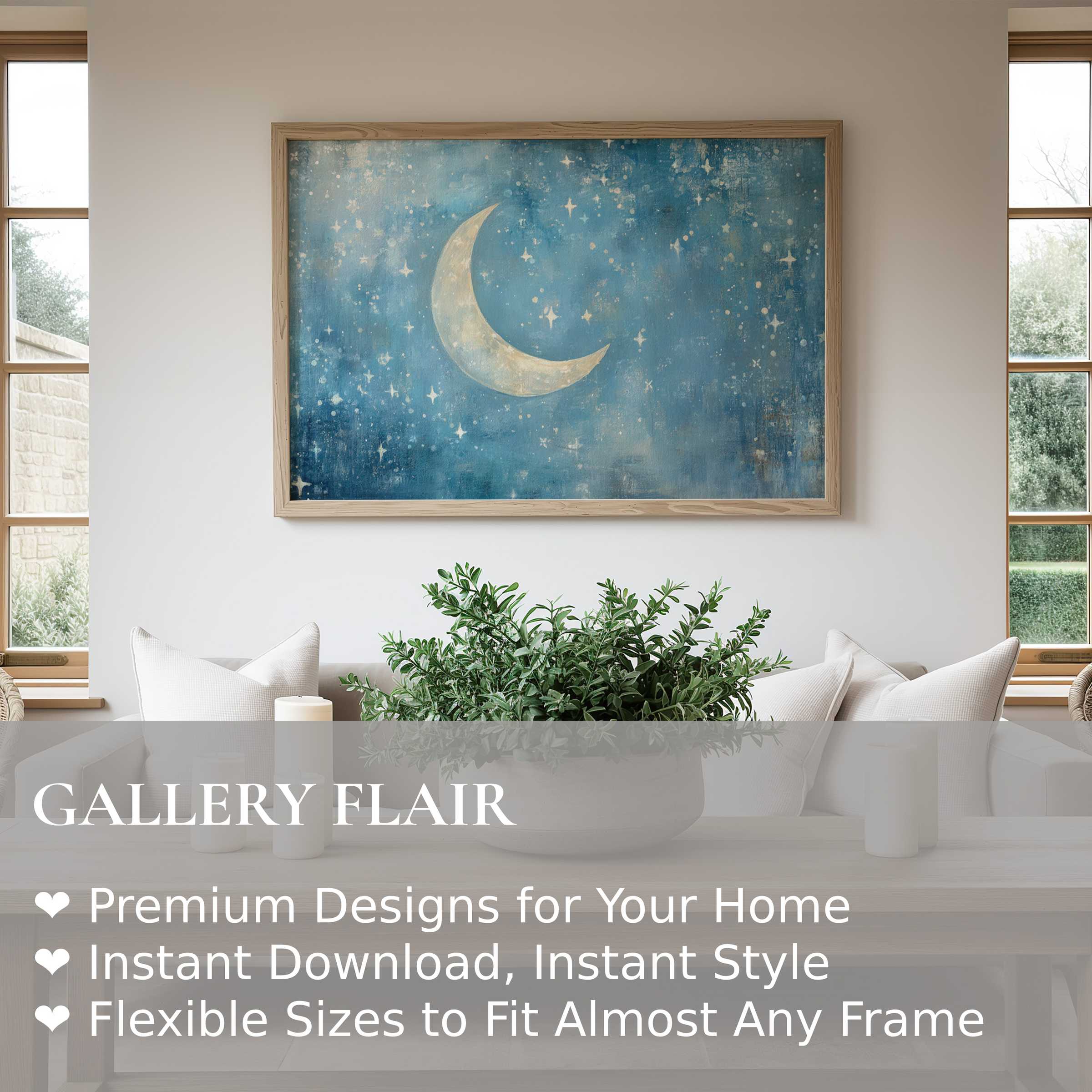 Serene nursery wall art print featuring a soft crescent moon and stars in calming blue tones, enhancing modern minimalist nurseries with tranquil, dreamy charm