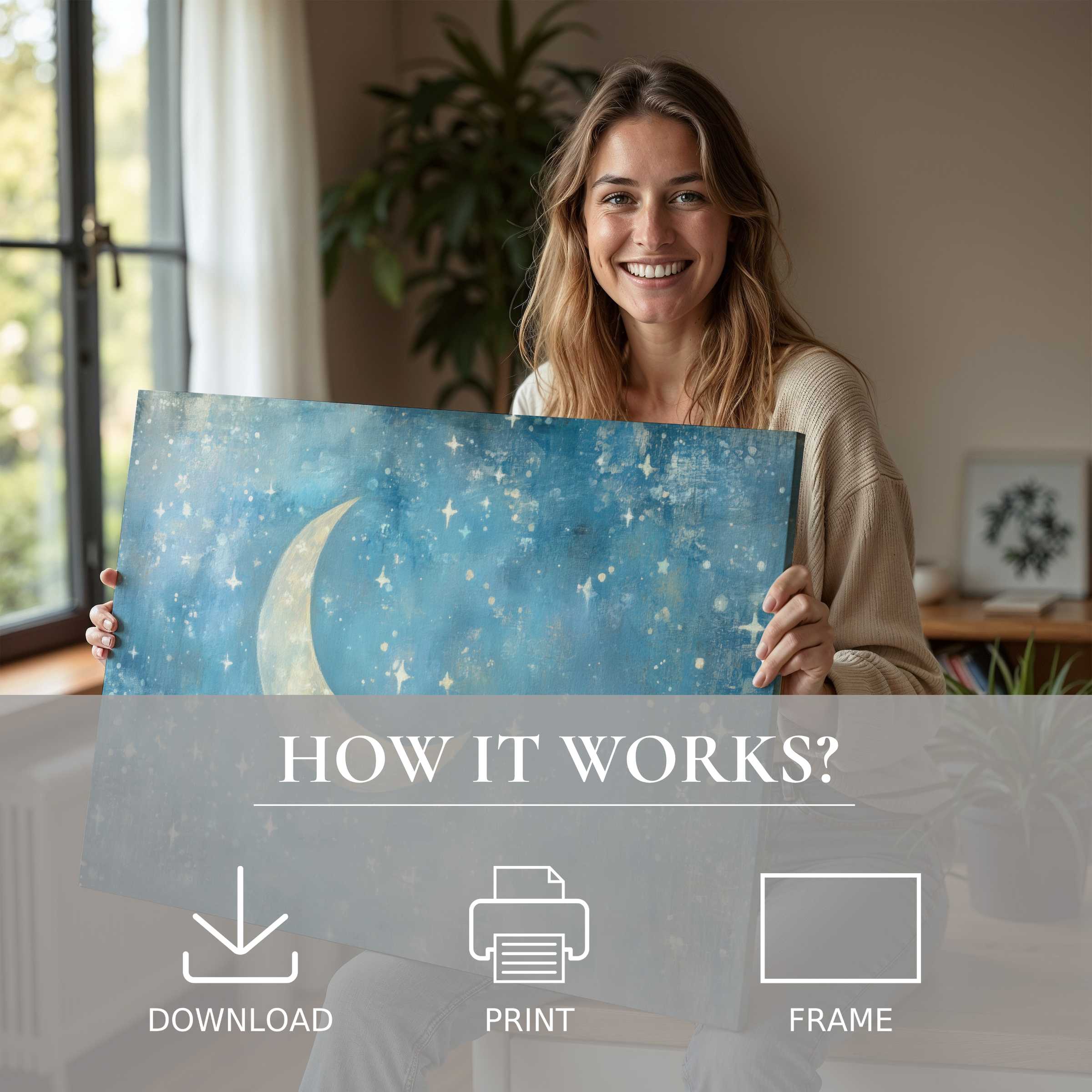 A serene moment in a modern home reveals the gentle joy of nursery digital art print, transforming spaces with celestial calm