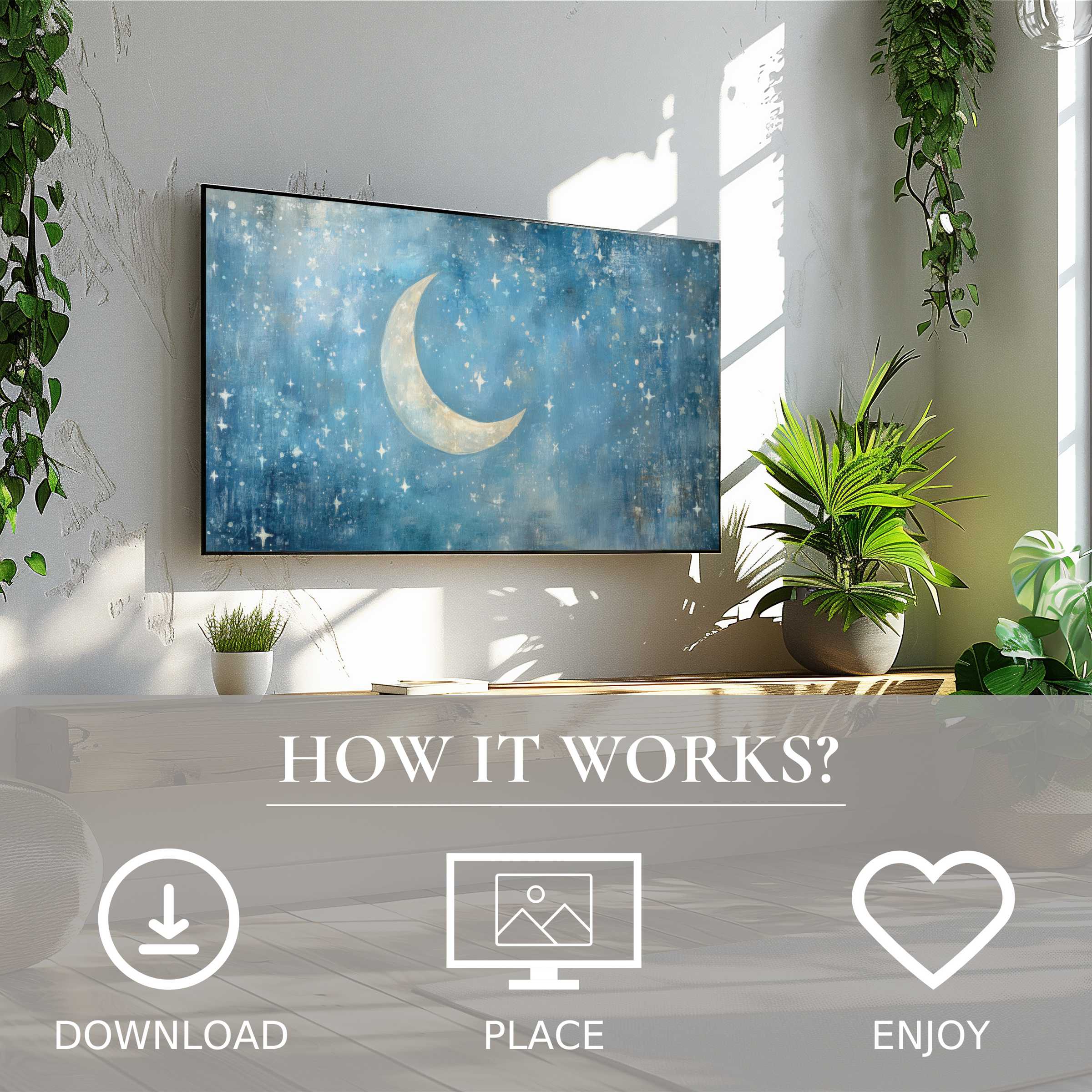 Nursery art for Samsung TV: digital download with dreamy moon motif enhances bright, green-filled nursery space easily