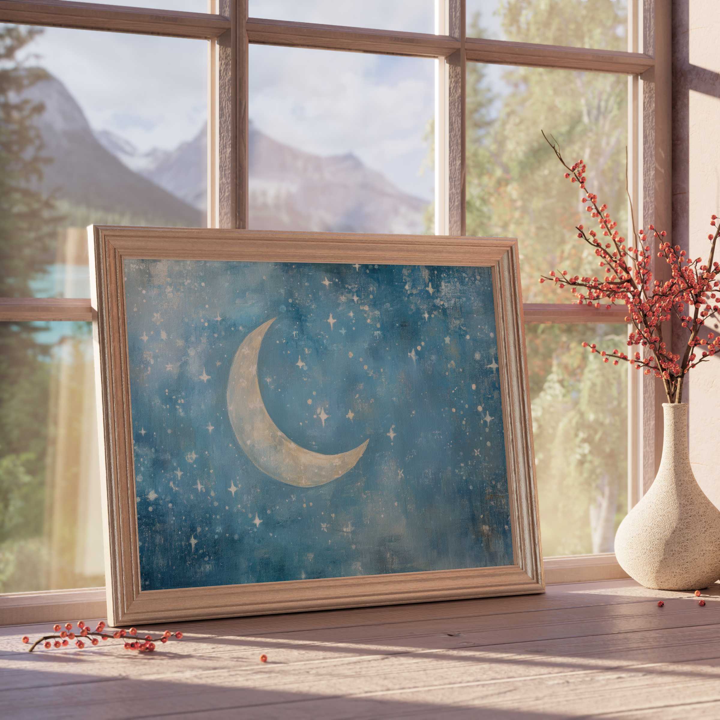 Dreamy nursery downloadable art featuring a crescent moon and twinkling stars, perfect for calm, stylish spaces