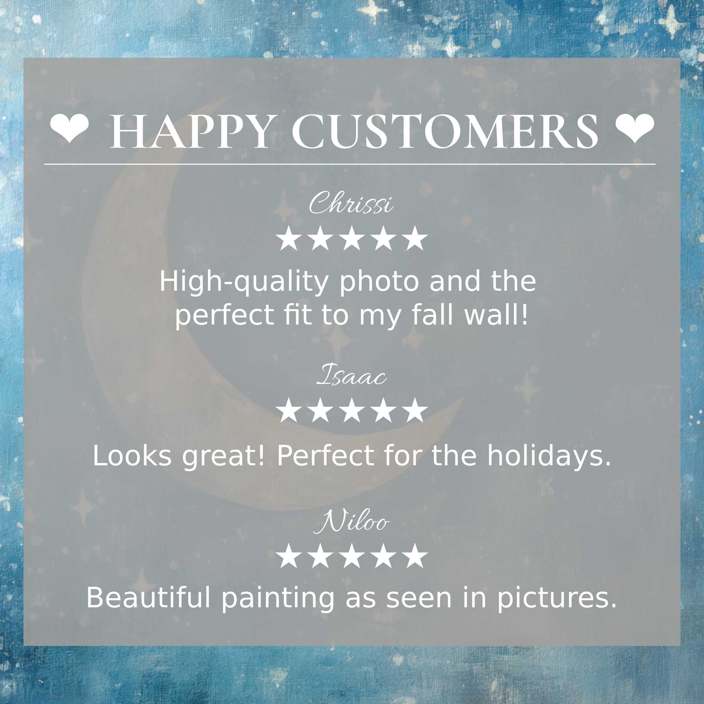 Nursery art for Frame TV with dreamy moon background, showcasing happy customer reviews and elegant design