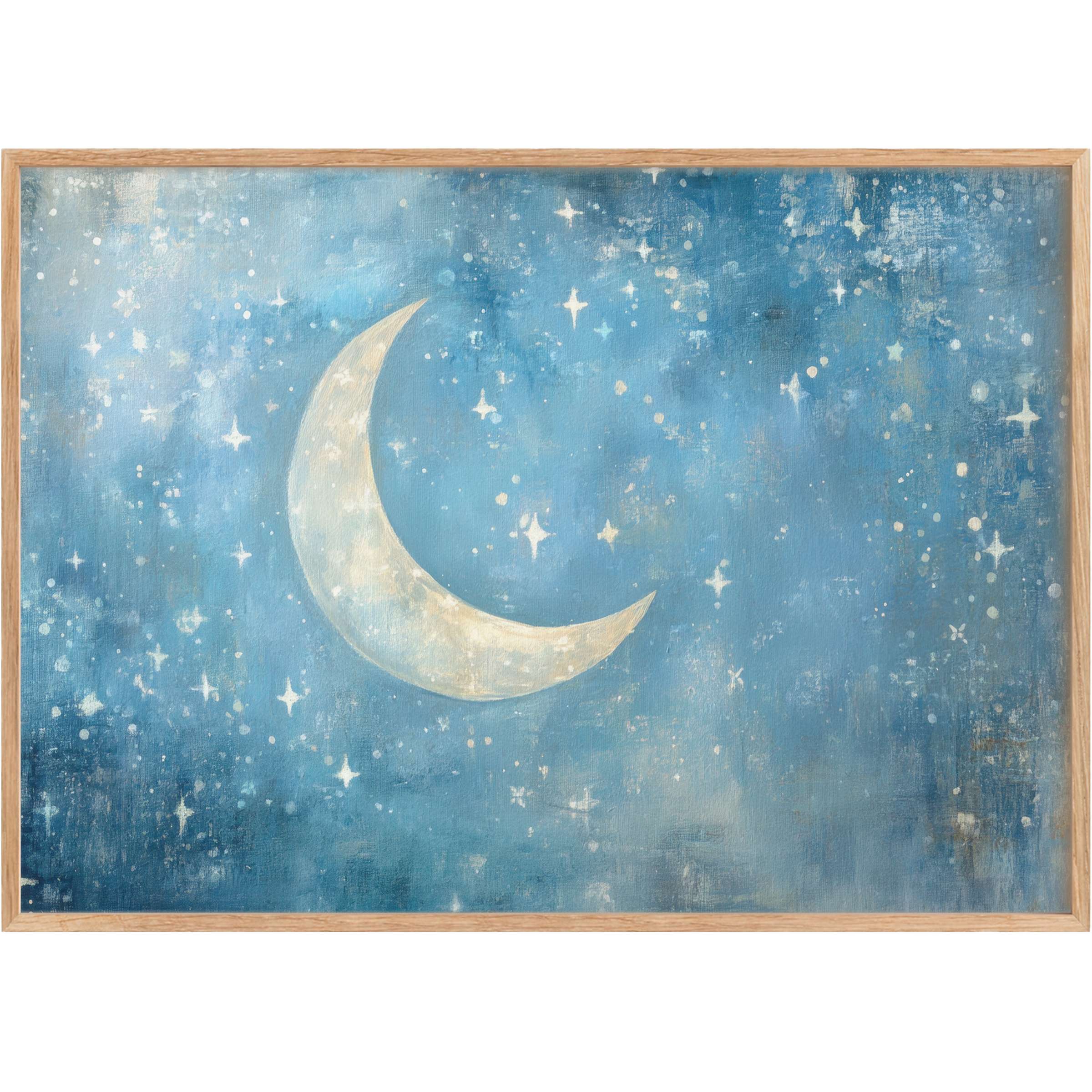 Dreamy nursery printable wall art featuring a soft crescent moon and twinkling stars in calming blue tones, evoking serene, celestial wonder