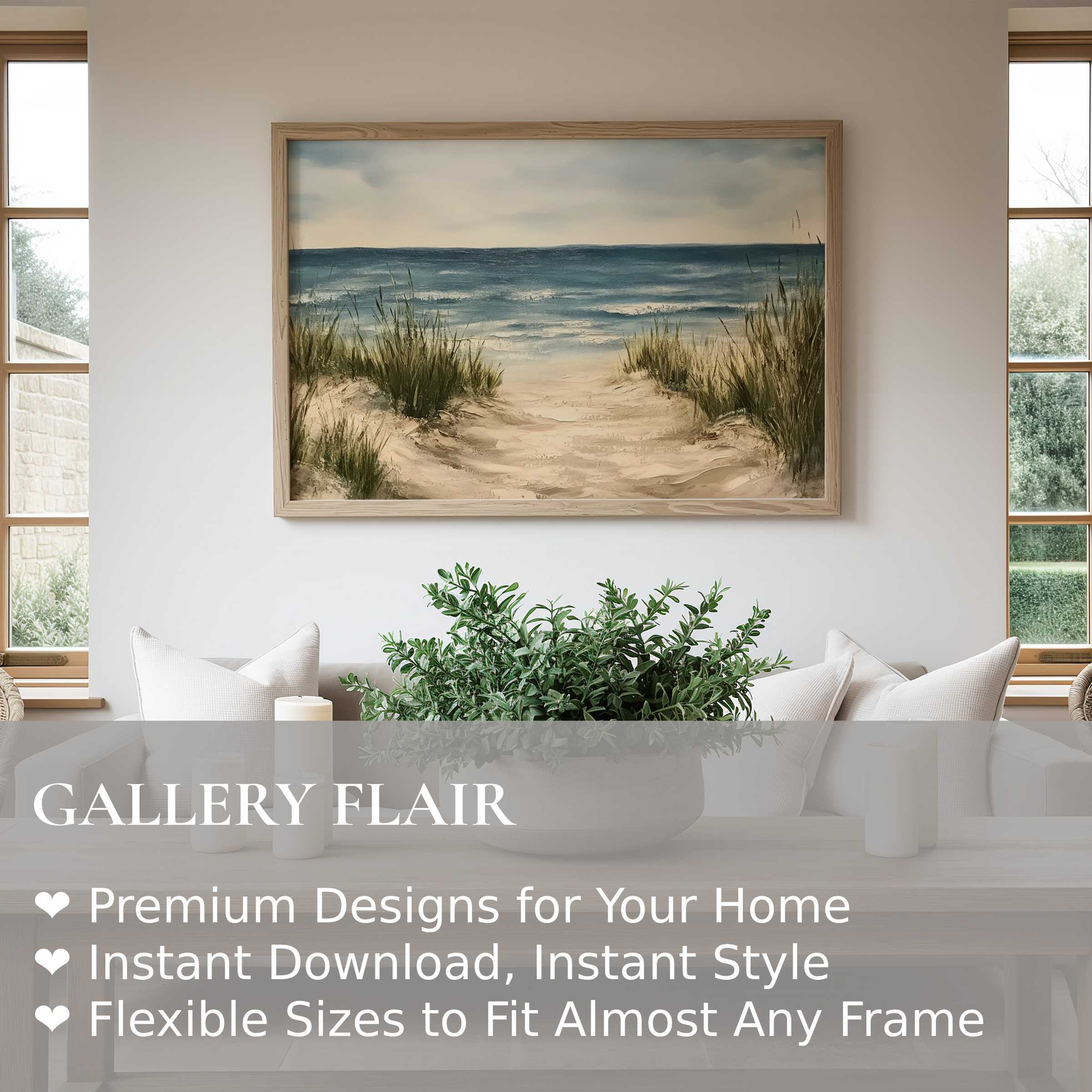 Serene landscape wall art print capturing gentle ocean waves and sandy dunes, enhancing coastal modern interiors with calming, natural elegance