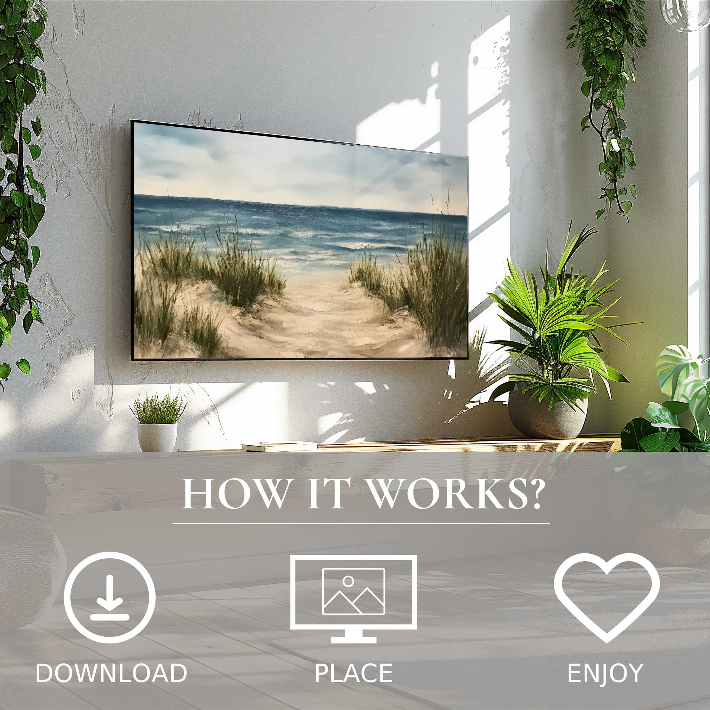 Modern living room with landscape art for Samsung TV, soft coastal tones, easy digital download, enriching your space