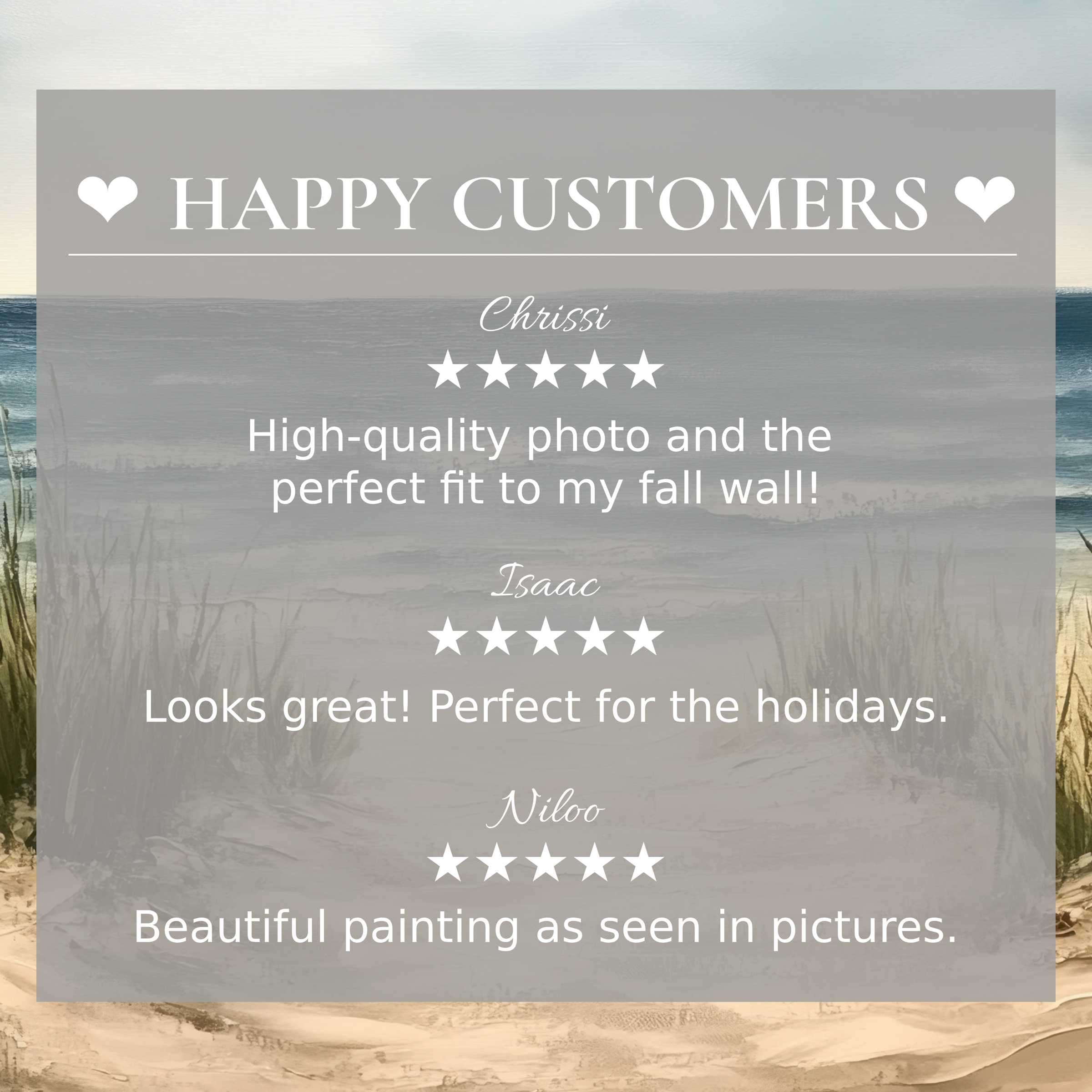 Refined landscape art for Frame TV with abstract coastal hues, showcasing happy customer reviews and elegant trust-building design
