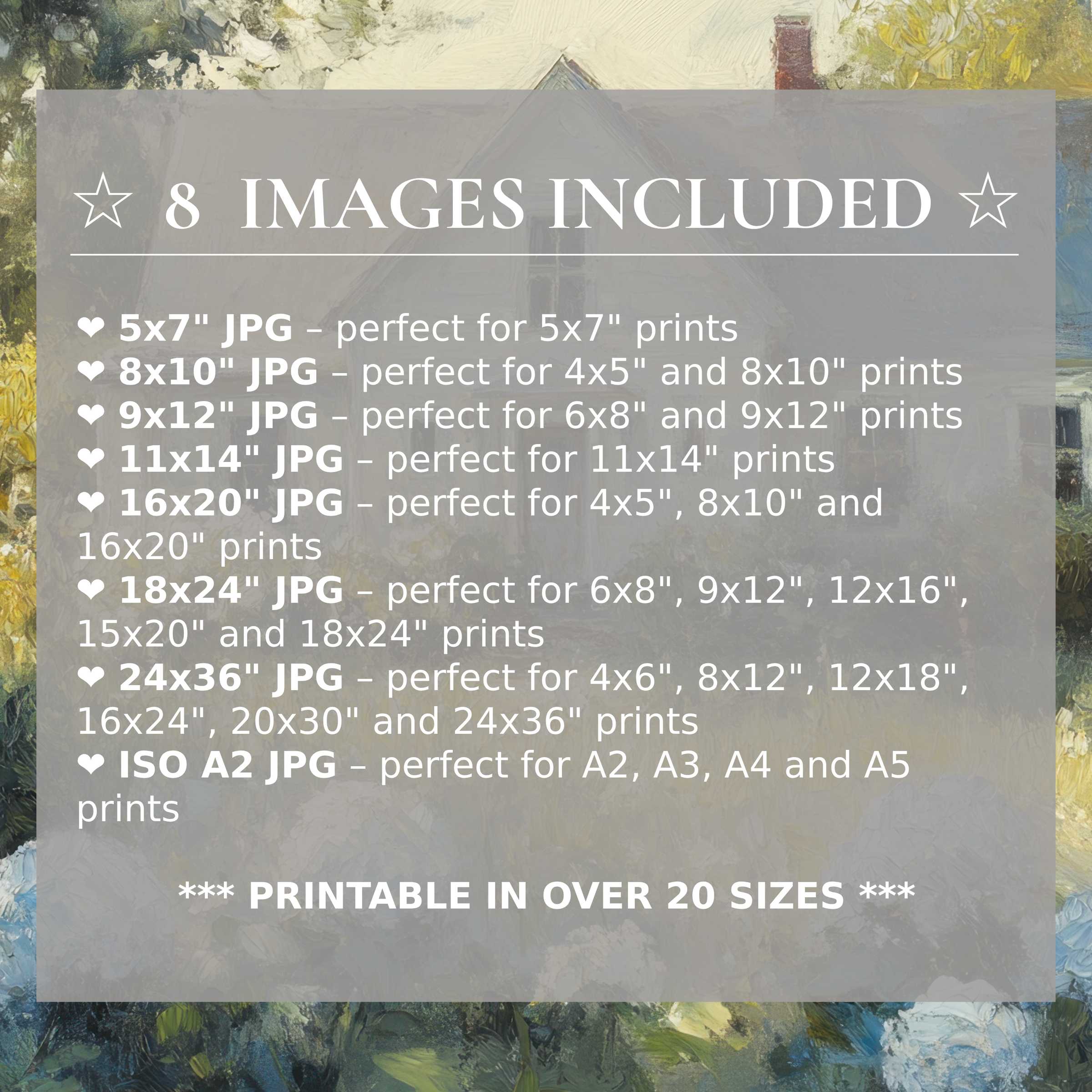 Radiant farmhouse digital print in soft blues, greens, and creams evokes calming charm, offered in 8 high-quality sizes for versatile modern interiors