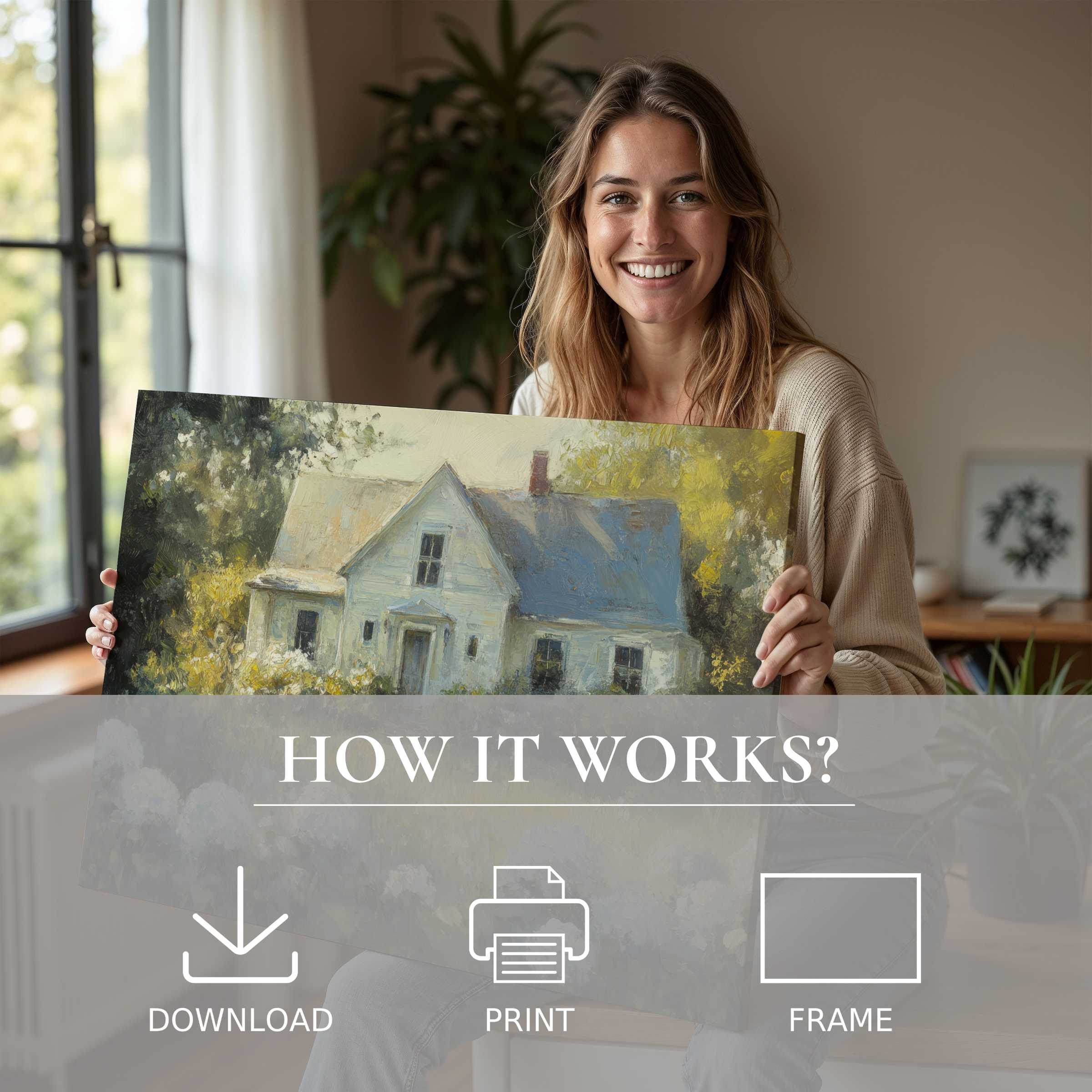 Woman radiates joy in her modern home, embracing a farmhouse digital art print that infuses warmth and timeless charm
