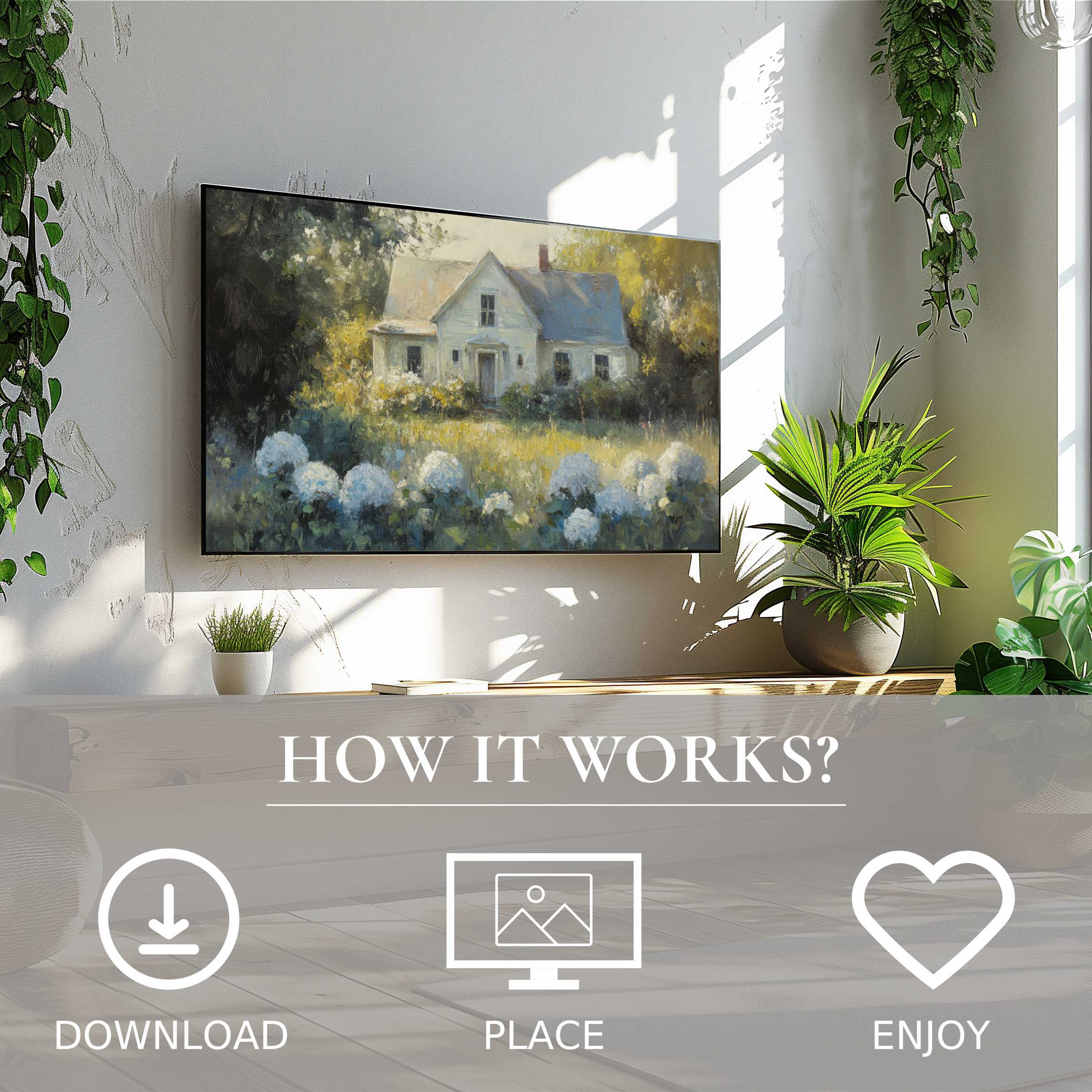 Modern living room with farmhouse art for Samsung TV, soft light tones, easy digital download to enrich space