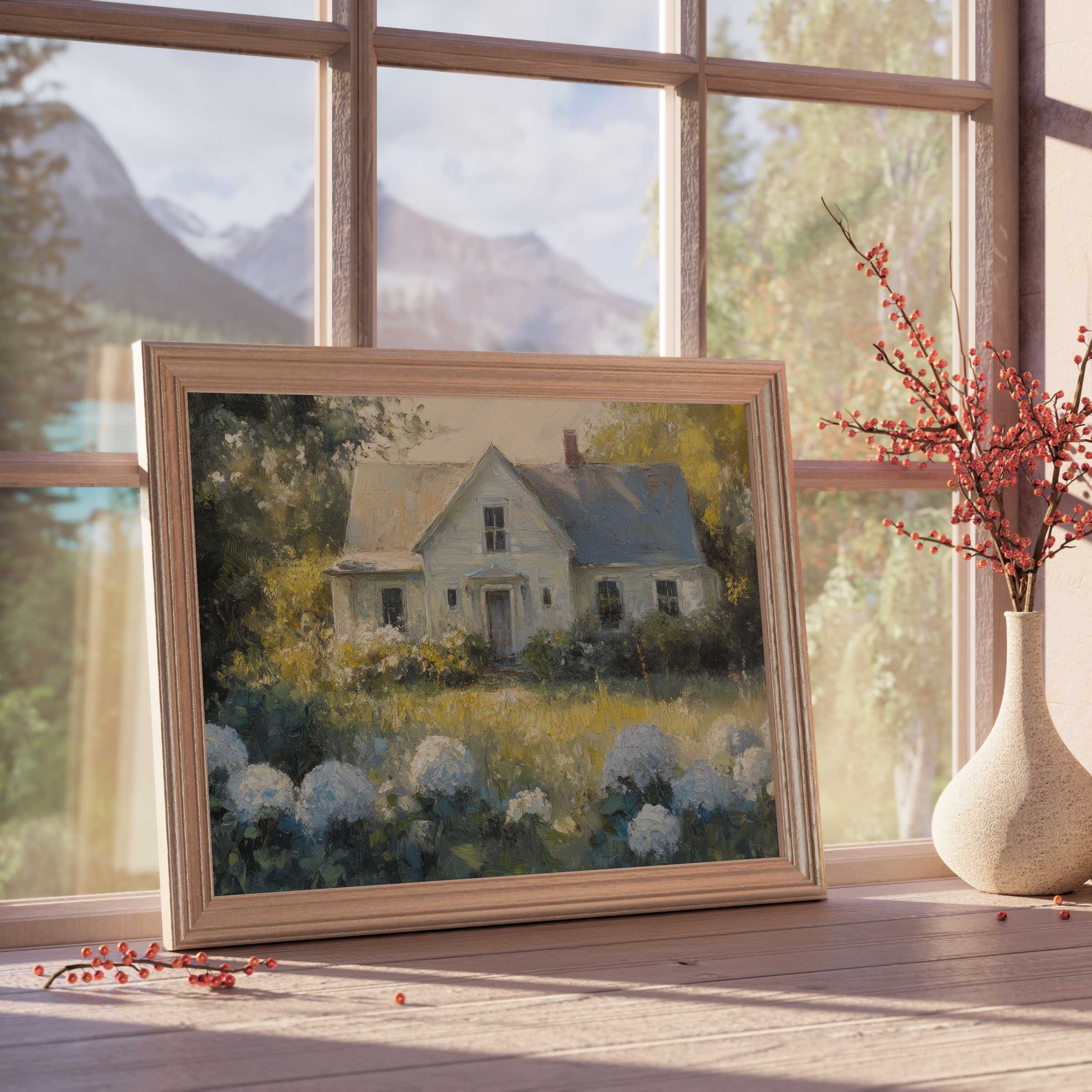 Farmhouse downloadable art capturing a serene rural retreat with soft sunlight, rustic charm, and tranquil florals for refined interiors