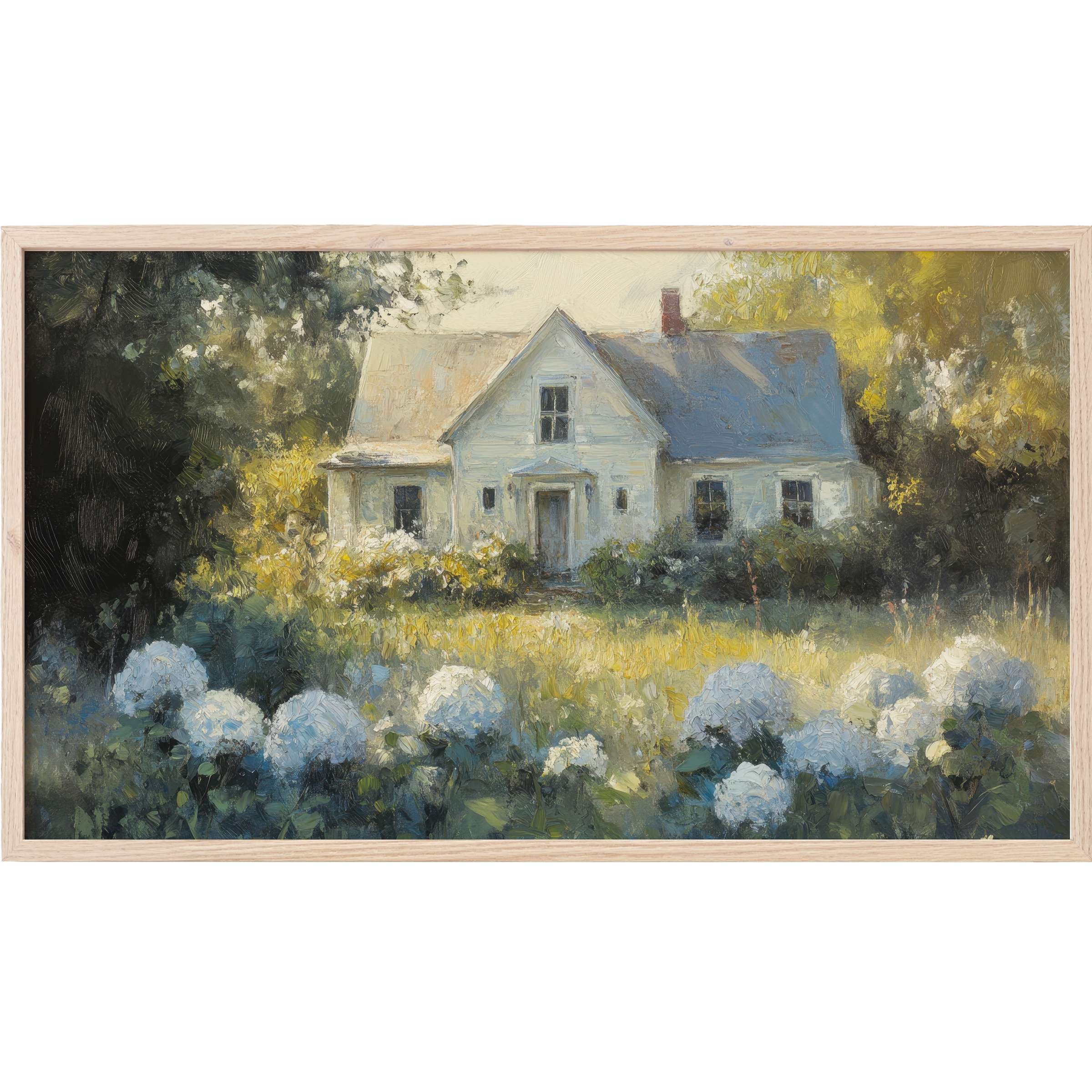 Farmhouse Frame TV Art showcasing a serene white farmhouse with soft blues and warm golden hues in an impressionist style