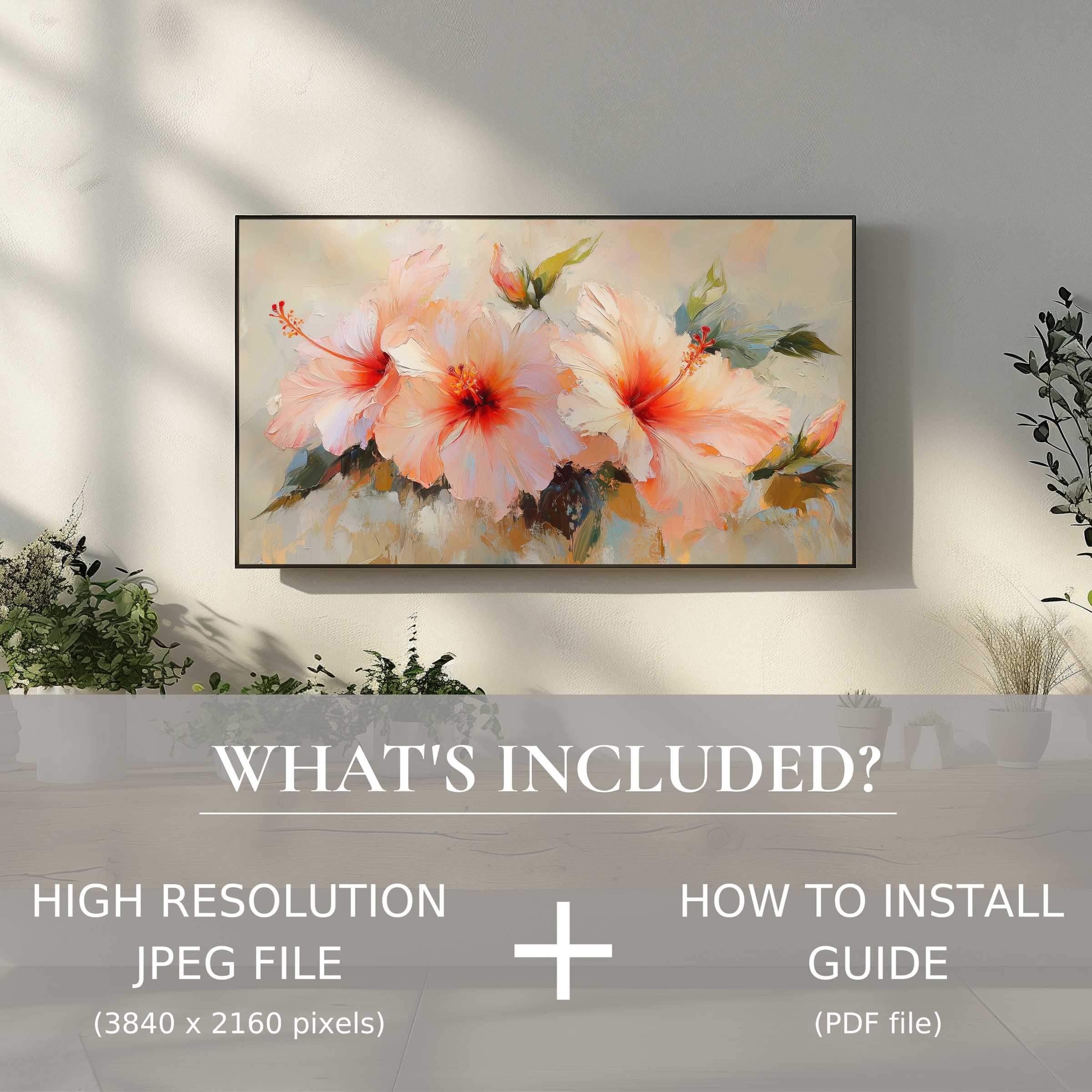 Elegant living room showcases botanical digital TV art download with easy use, instantly uplifting stylish home ambiance